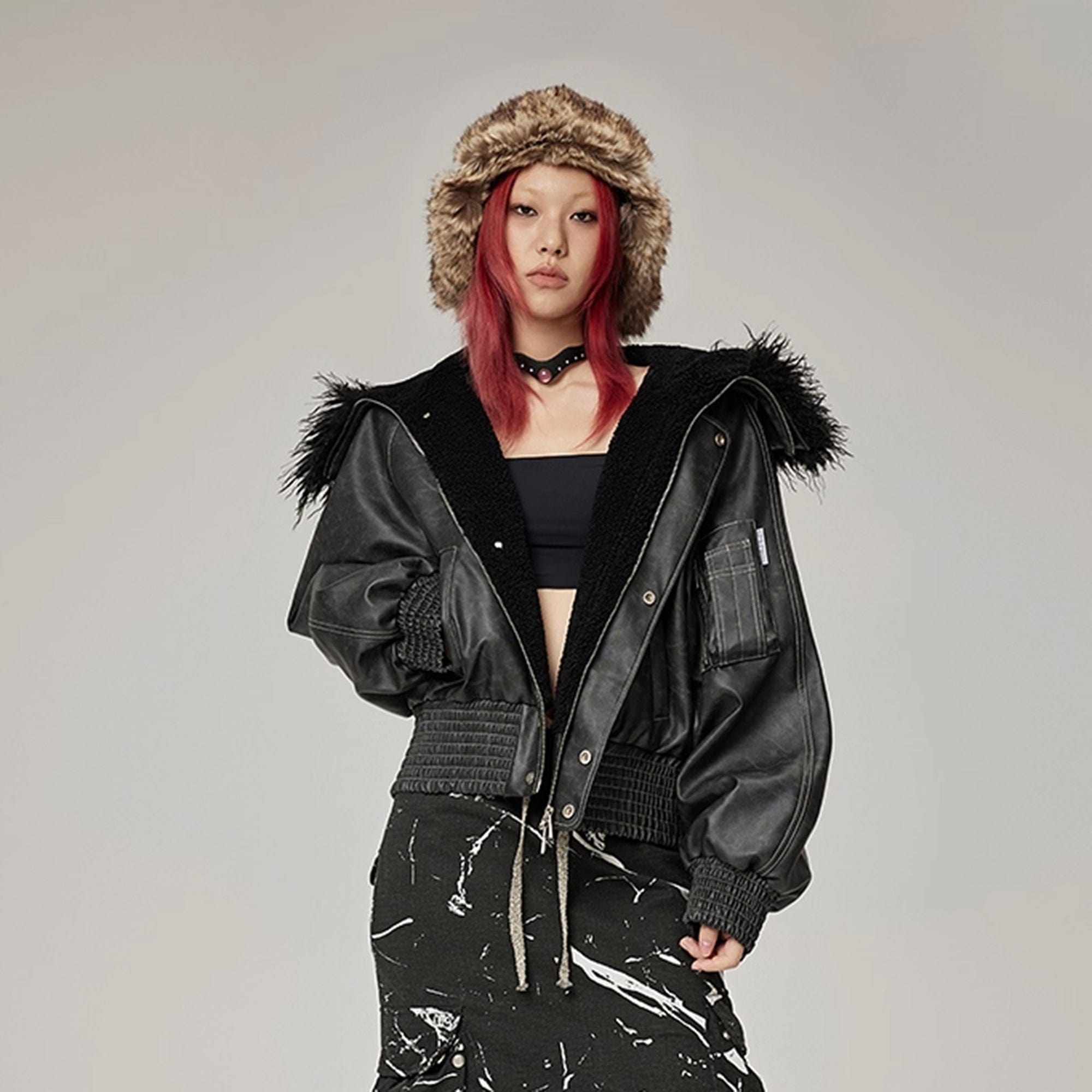 DAMAGE ASIA Contrast Stitch Faux Leather Bomber Jacket