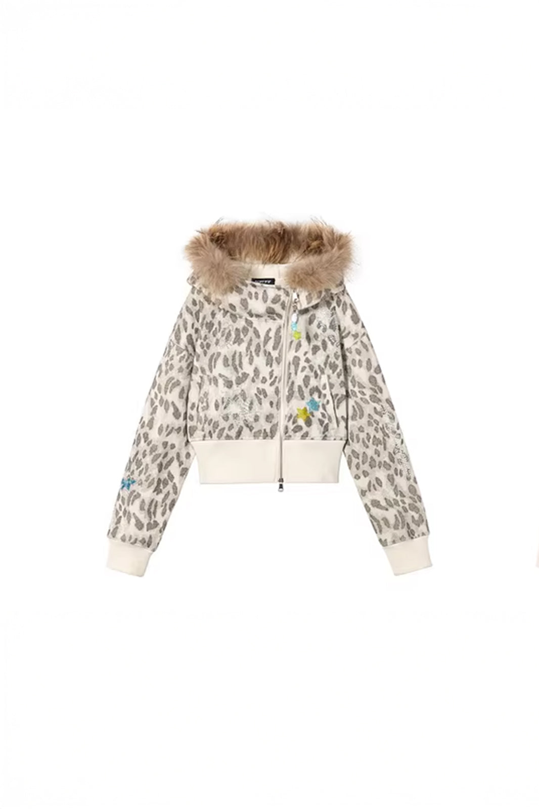 SOFITTE Leopard Diamond Faux-Fur Trim Cropped Jacket