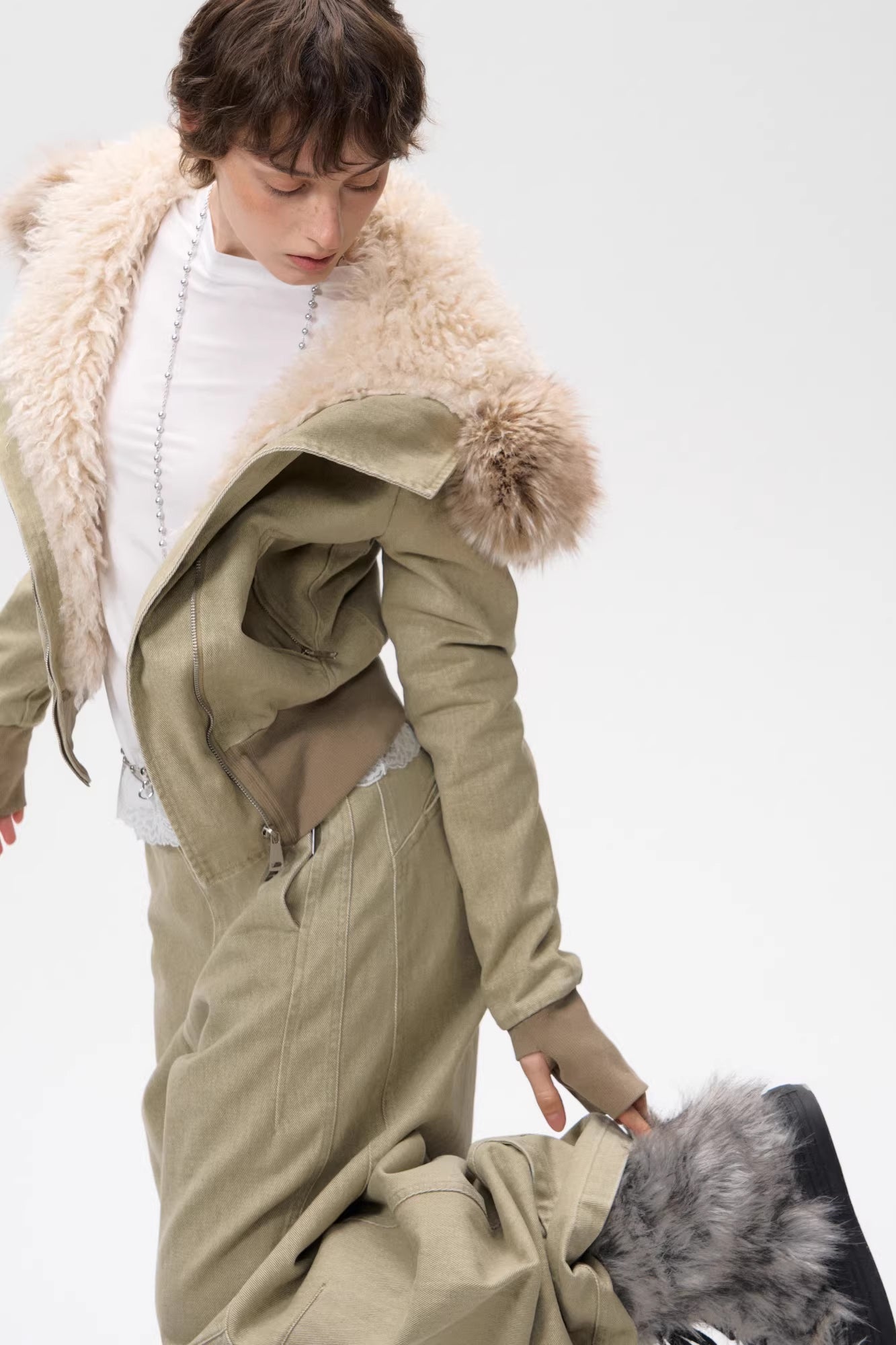 10AMSOTIIIIIIRED Sherpa-Lined Faux Fur Hooded Bomber Jacket