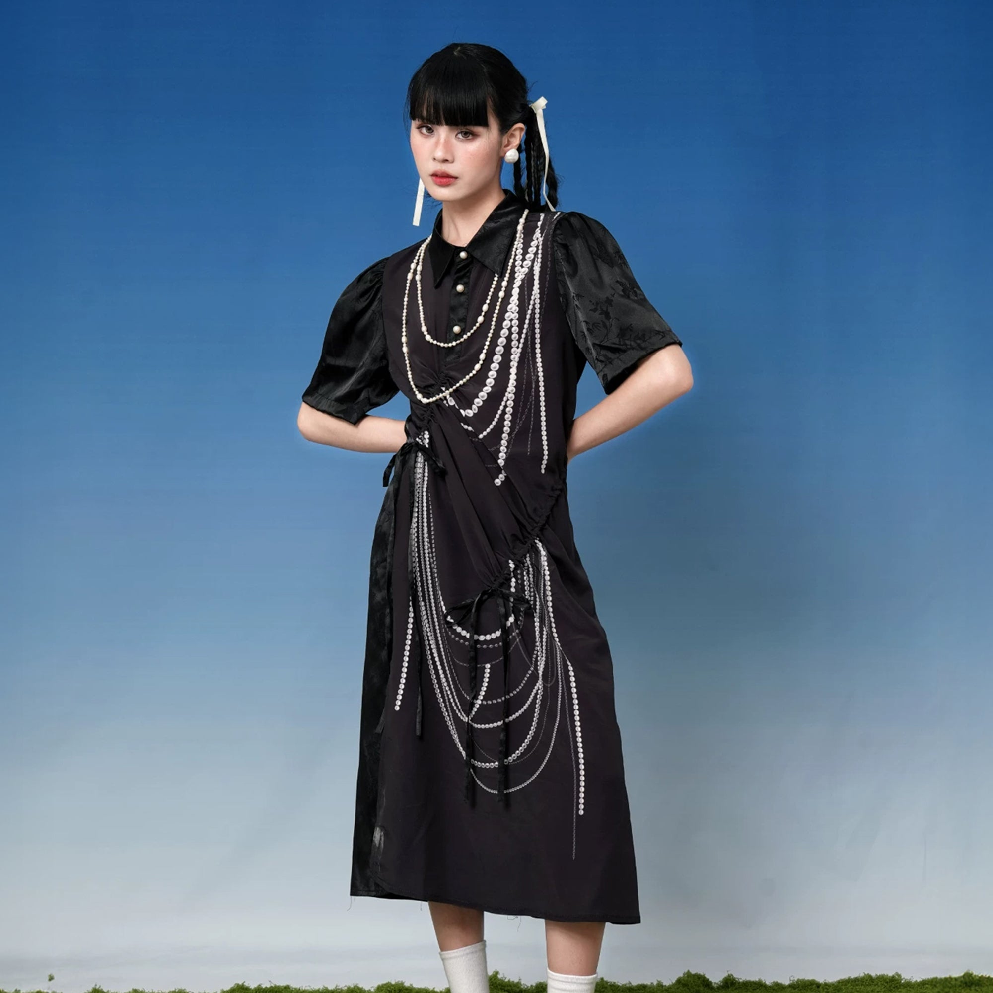 NOPMOB Pearl Graphic Drawstring Midi Dress