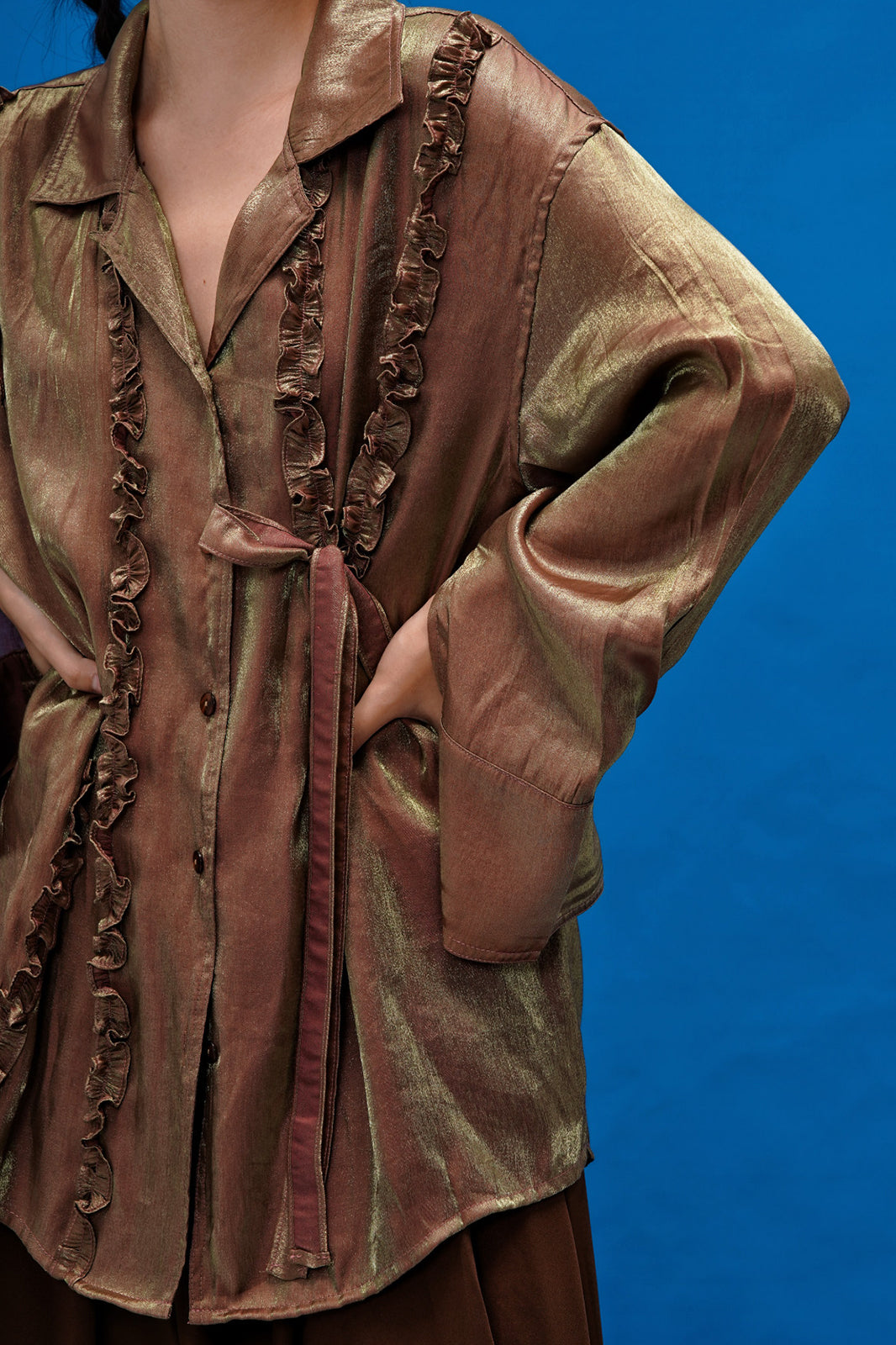 NOPMOB Satin Ruffled Iridescent Oversized Shirt