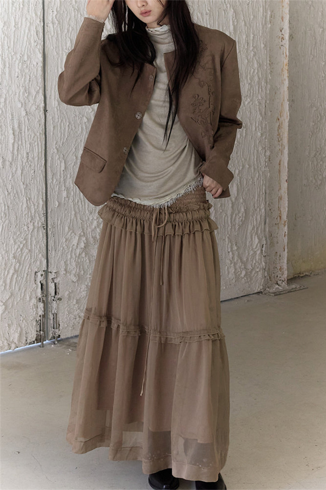 CHANGGUANG YUANZI Spliced Lace Drawstring Flared Skirt