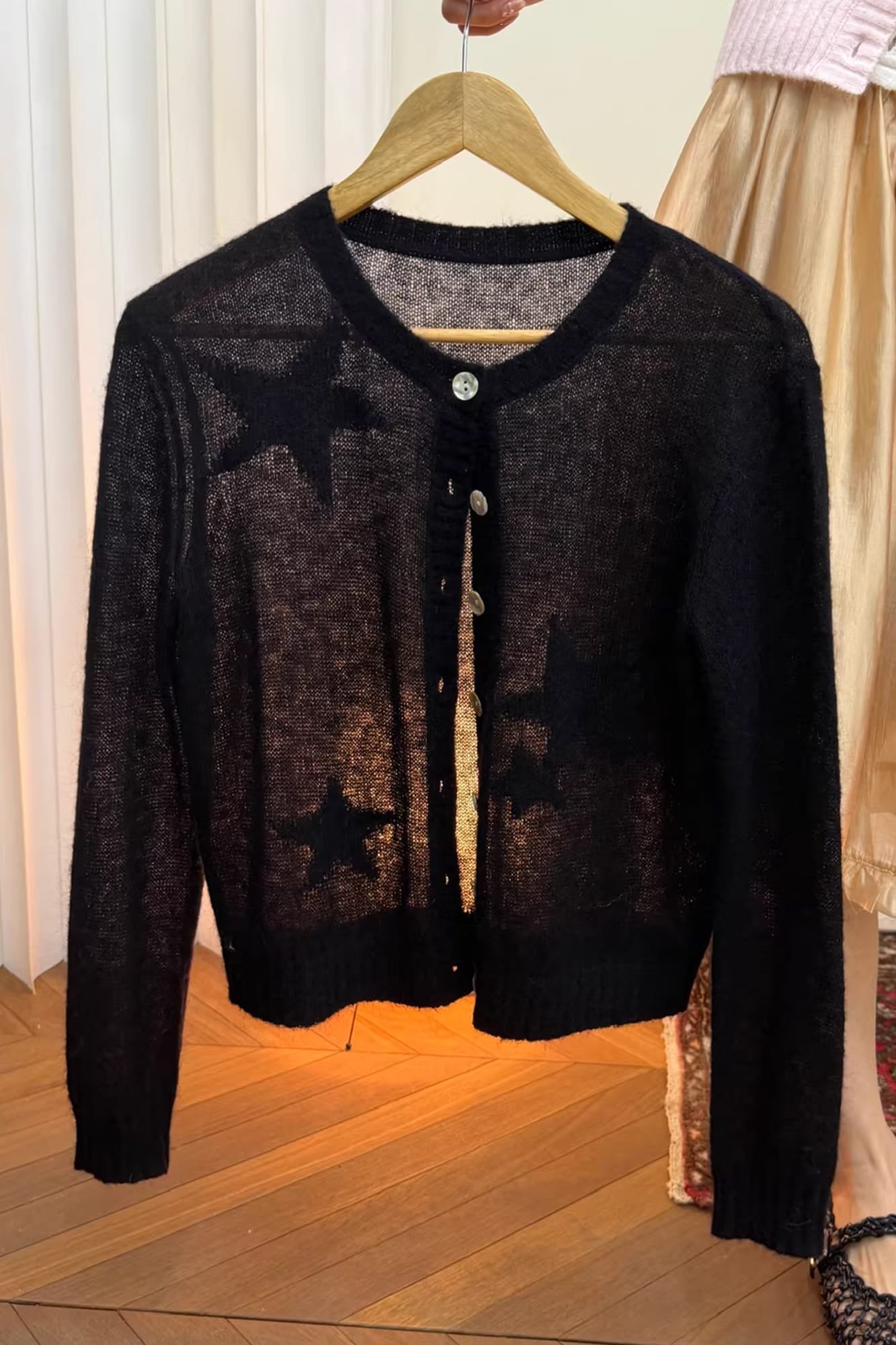 NEVERSEEZ Sheer Star-Jacquard Rib-Trim Cardigan