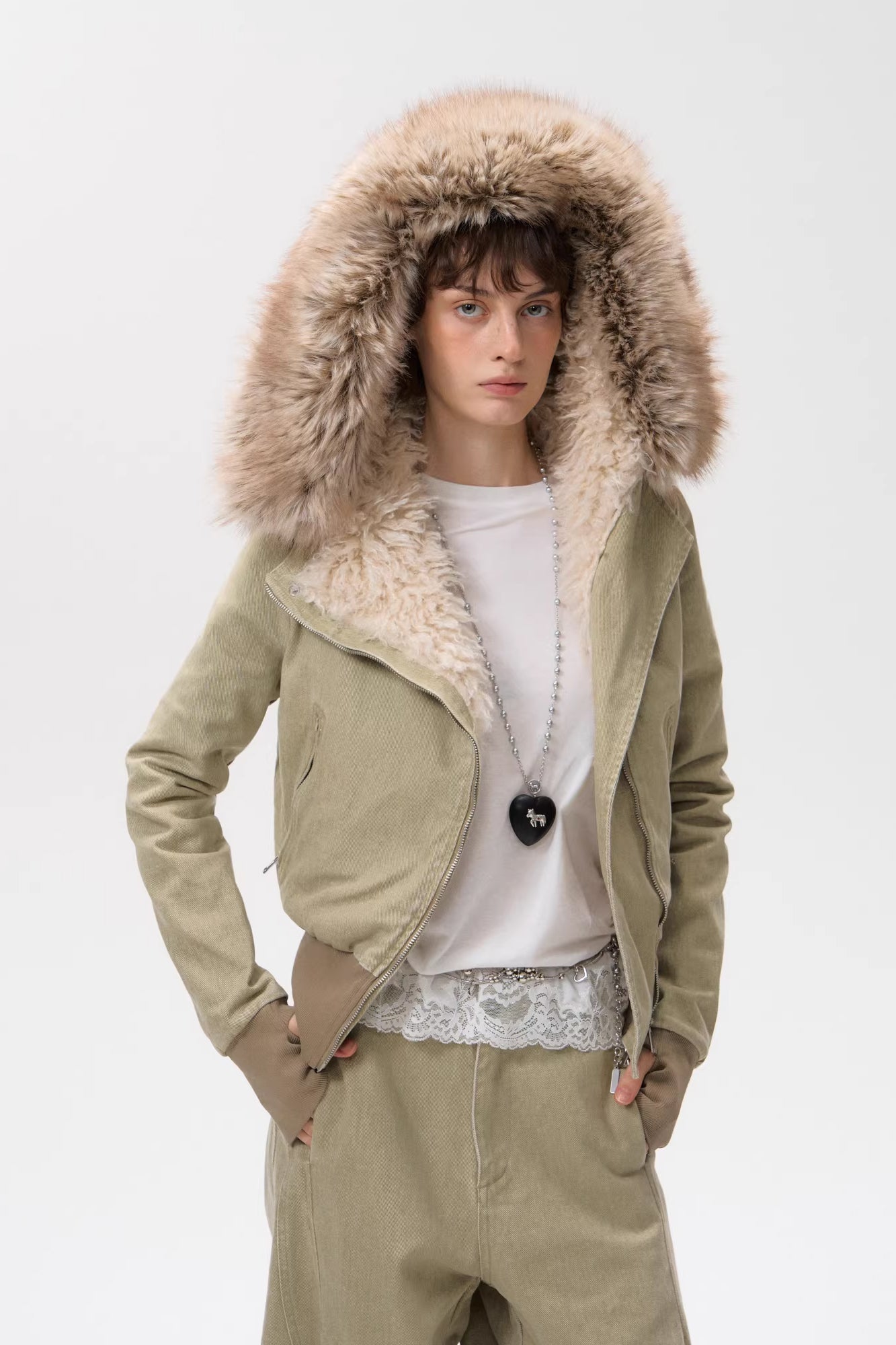 10AMSOTIIIIIIRED Sherpa-Lined Faux Fur Hooded Bomber Jacket