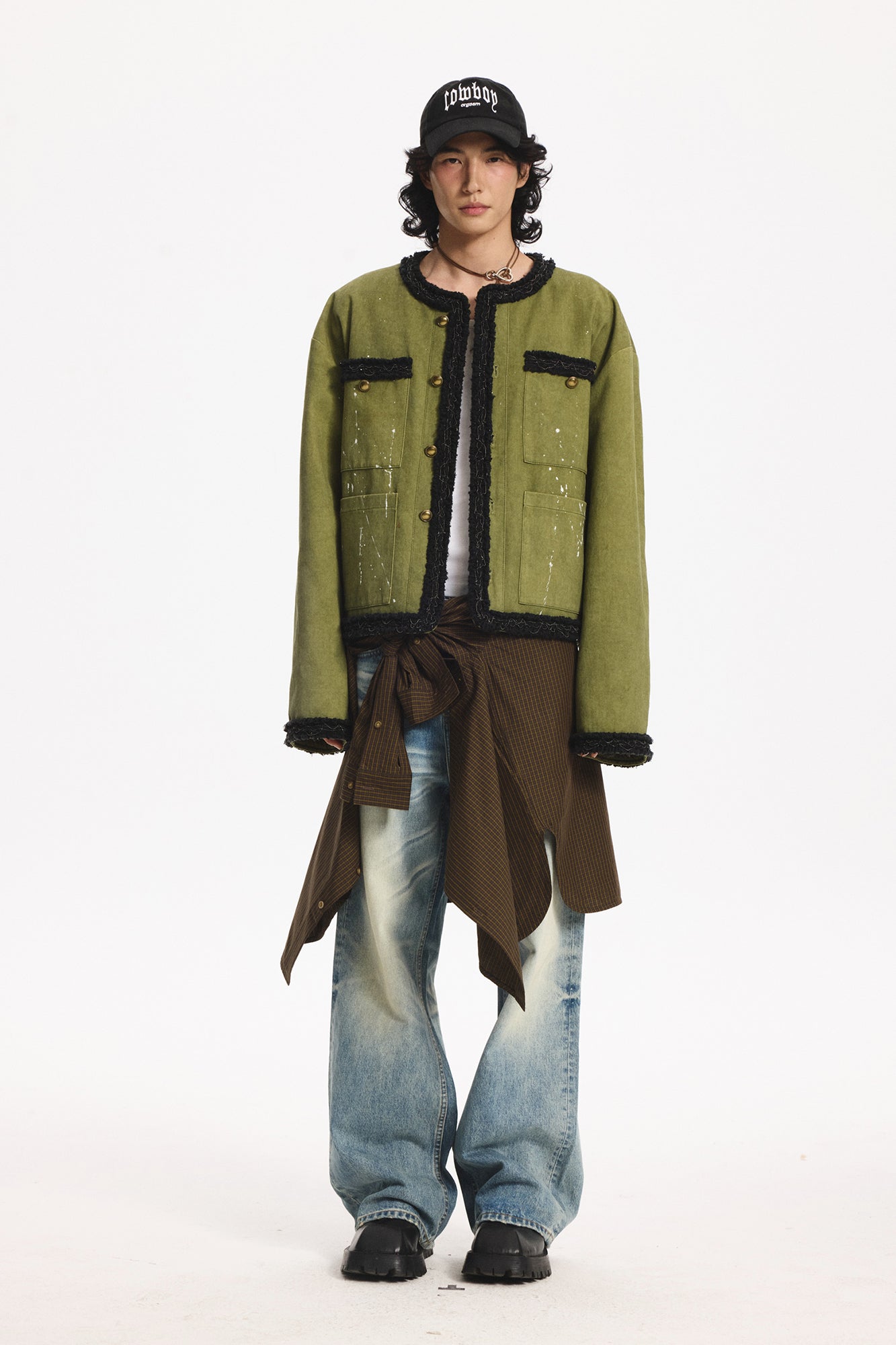 LEONSENSE Paneled Fleece Trim Paint-Splattered Jacket