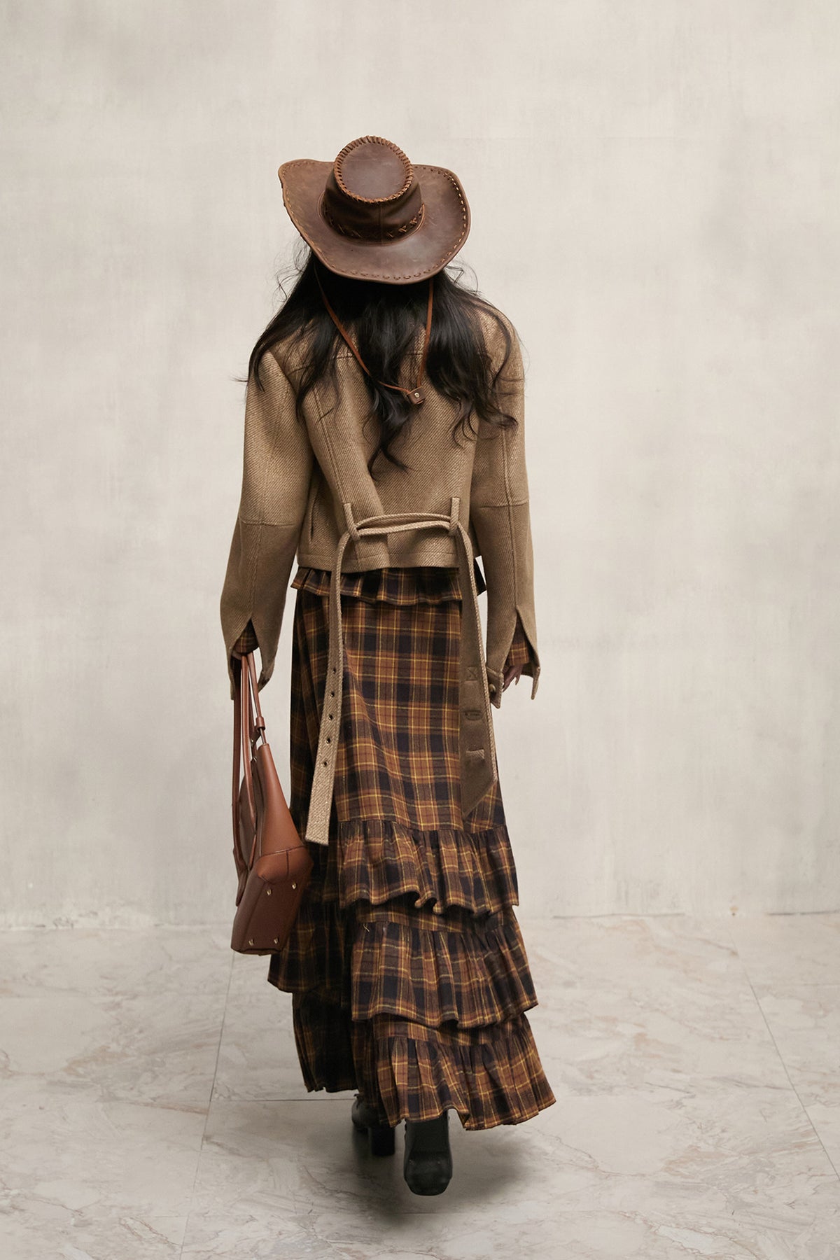 MXU Retro Plaid Pleated Shirt & Tiered Ruffle Maxi Skirt Set