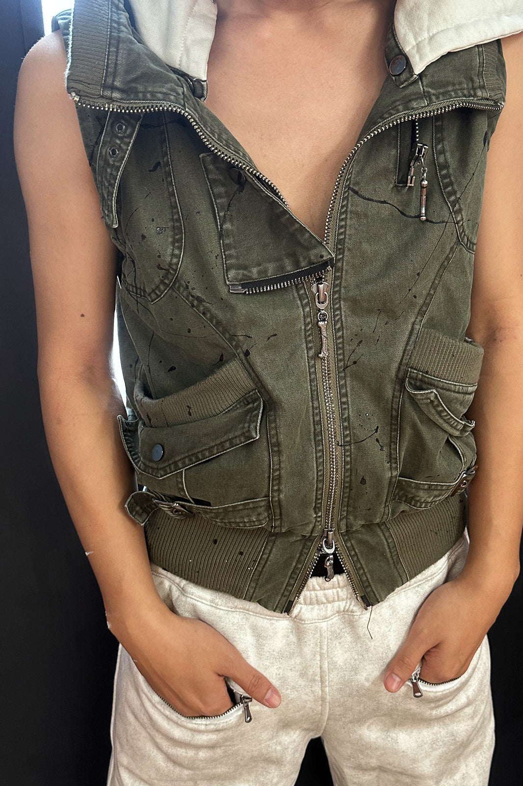 FULLTIDE Paint-Splattered Detachable-Sleeve Washed Cargo Jacket