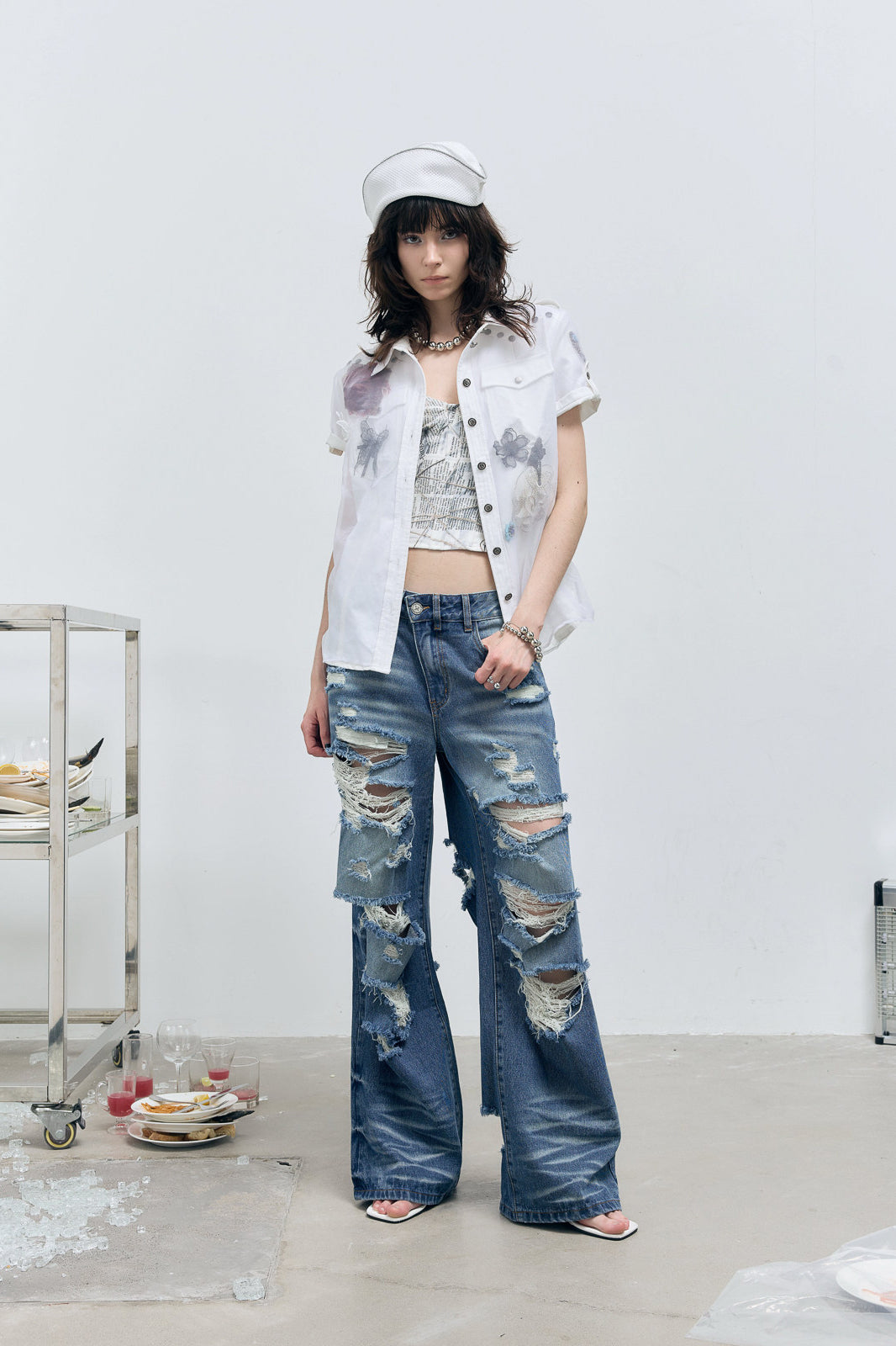 FULLTIDE Distressed Washed Wide-Leg Jeans