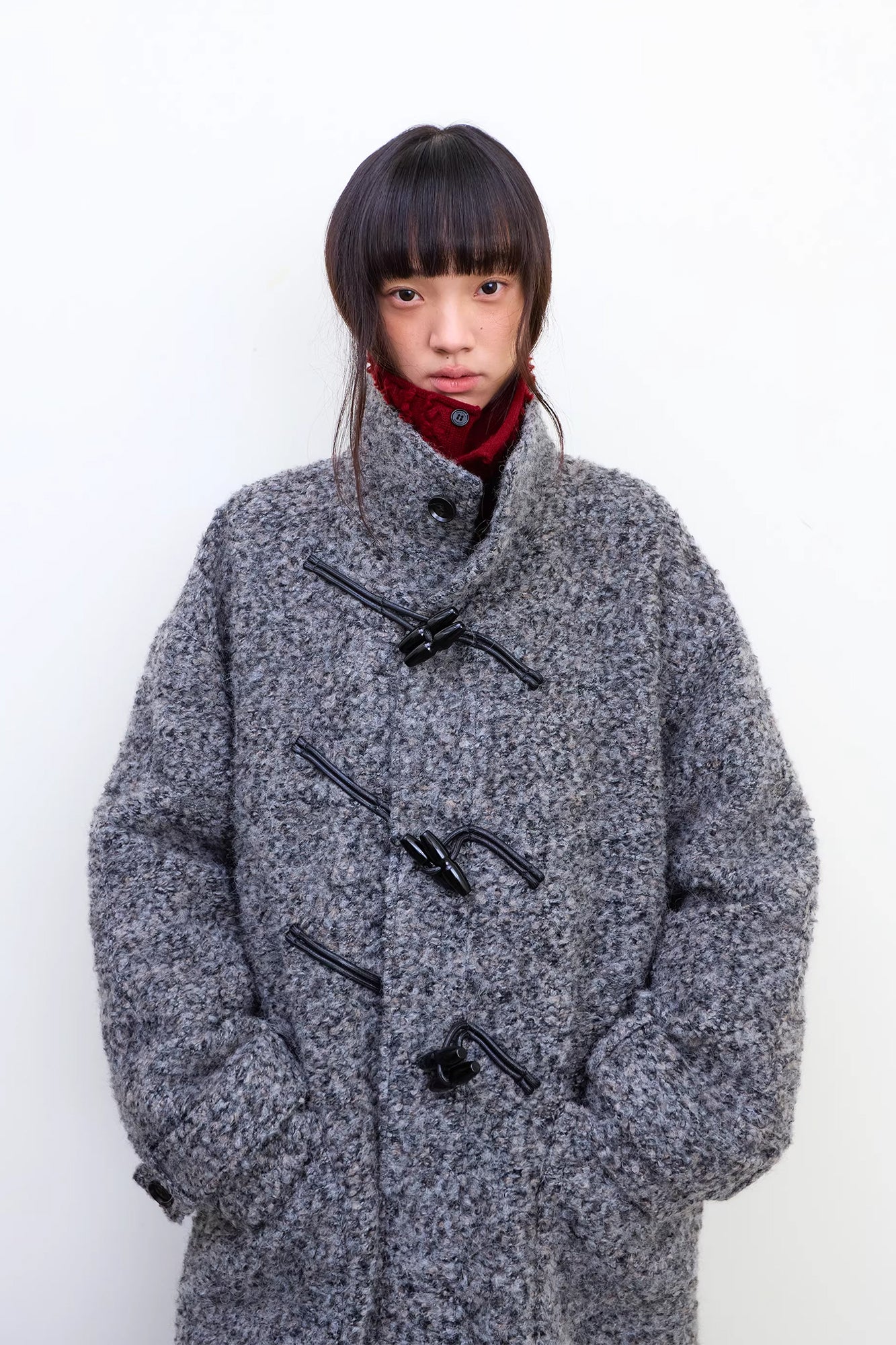 NEVERSEEZ Bouclé Wool-Blend Toggle Longline Coat