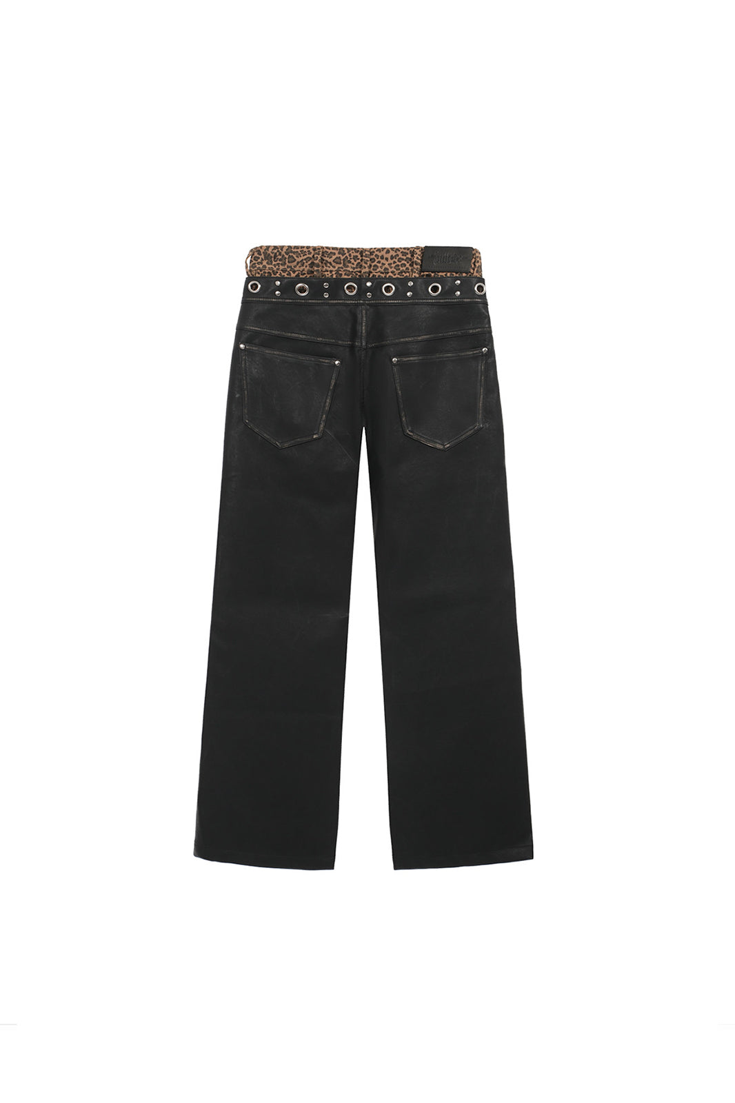 FULLTIDE Retro Spliced Leopard Faux Leather Wide-Leg Pants
