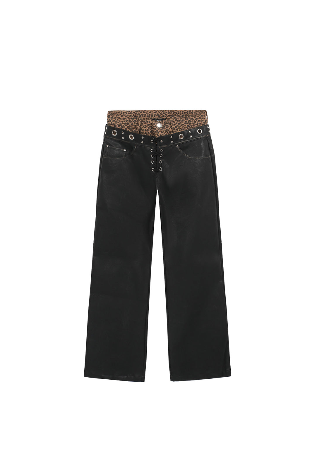 FULLTIDE Retro Spliced Leopard Faux Leather Wide-Leg Pants