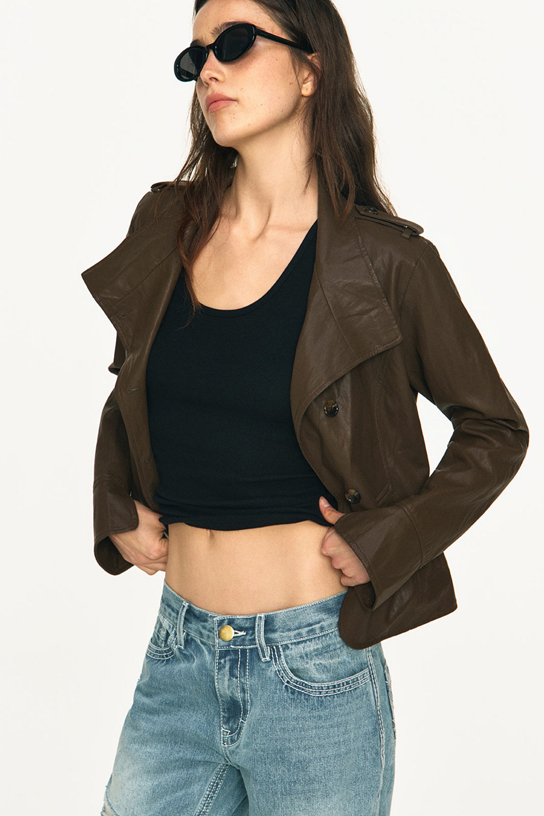 ANTENNA EFFECT Retro Double-Breasted Faux Leather Slim Jacket