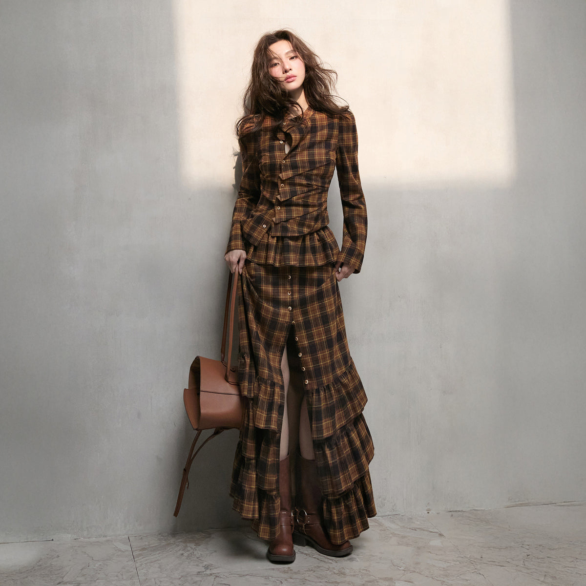 MXU Retro Plaid Pleated Shirt & Tiered Ruffle Maxi Skirt Set