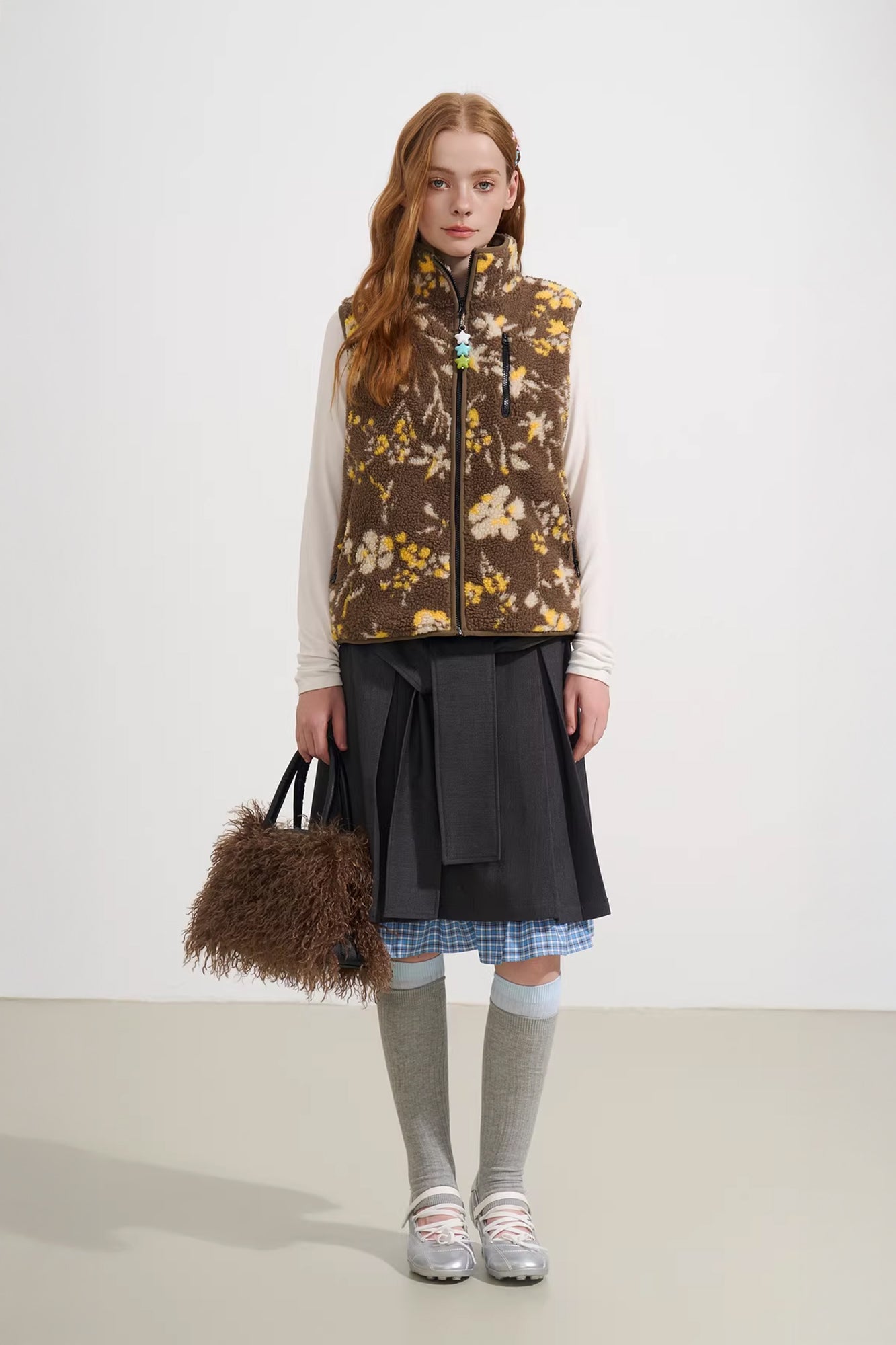 SOFITTE Retro Floral Faux-Shearling Mockneck Vest