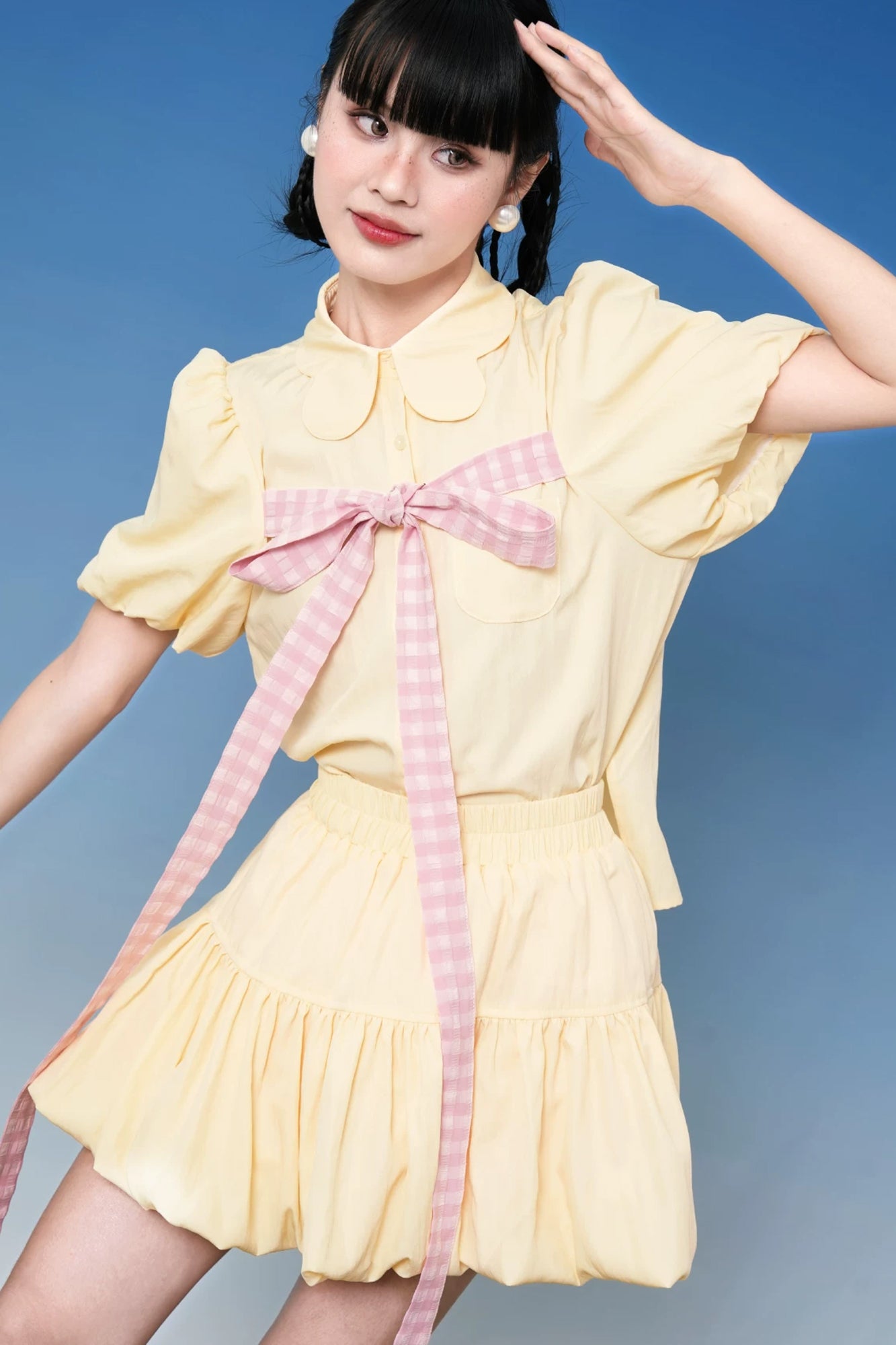 NOPMOB Gingham Bow Half-Shirt & Bubble Hem Skort Set