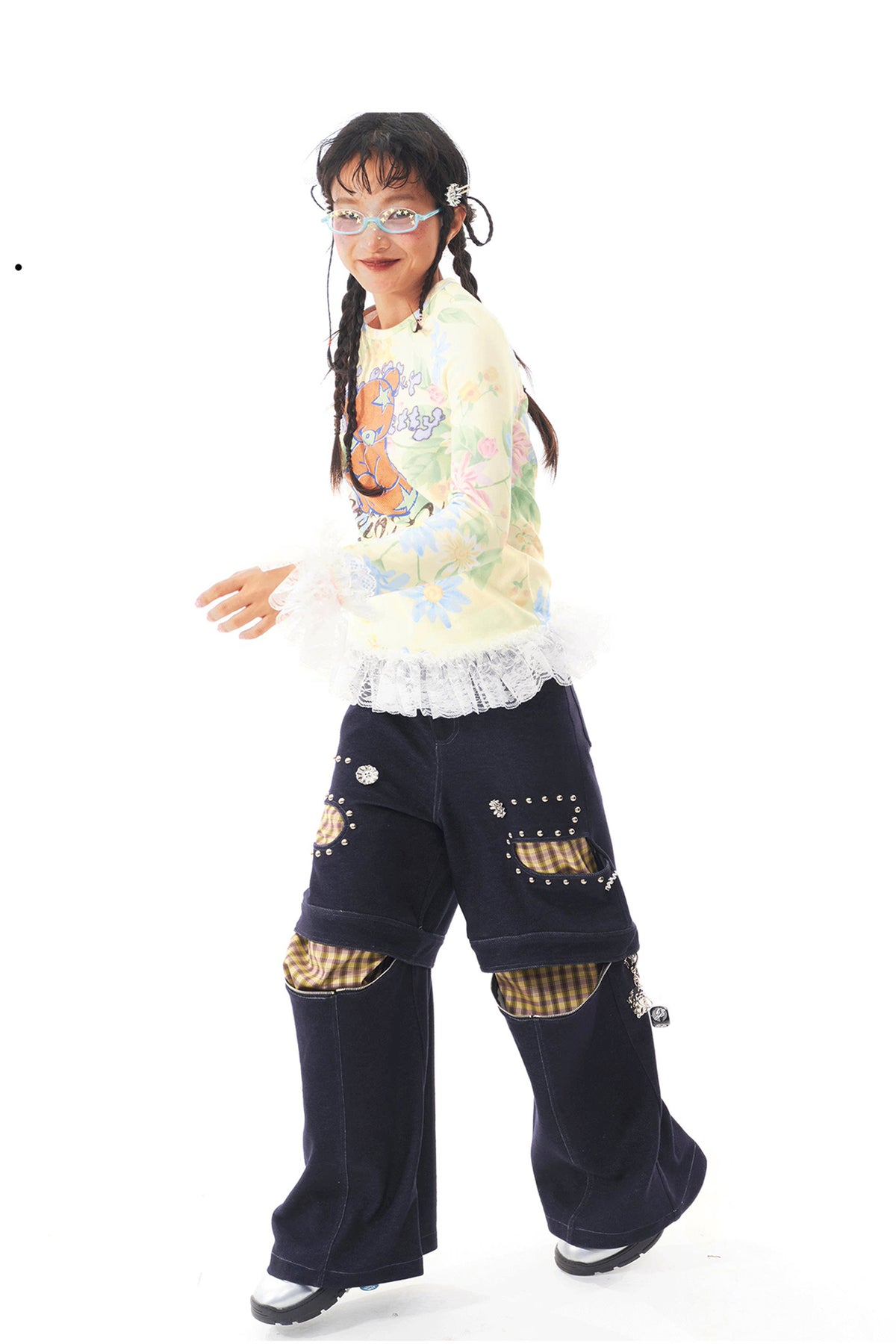 SILLYSIS Rivet Cut-Out Double-Knee Layered Jeans