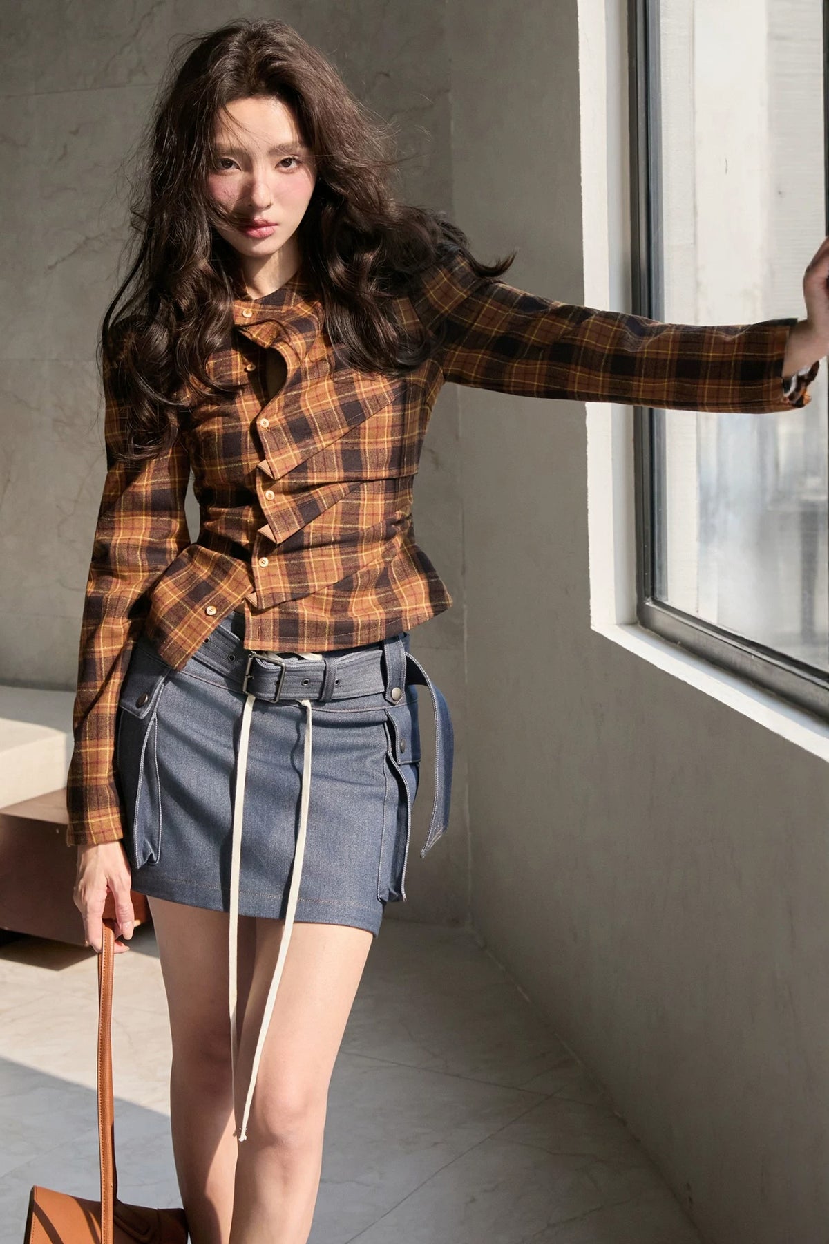 MXU Retro Plaid Pleated Shirt & Tiered Ruffle Maxi Skirt Set