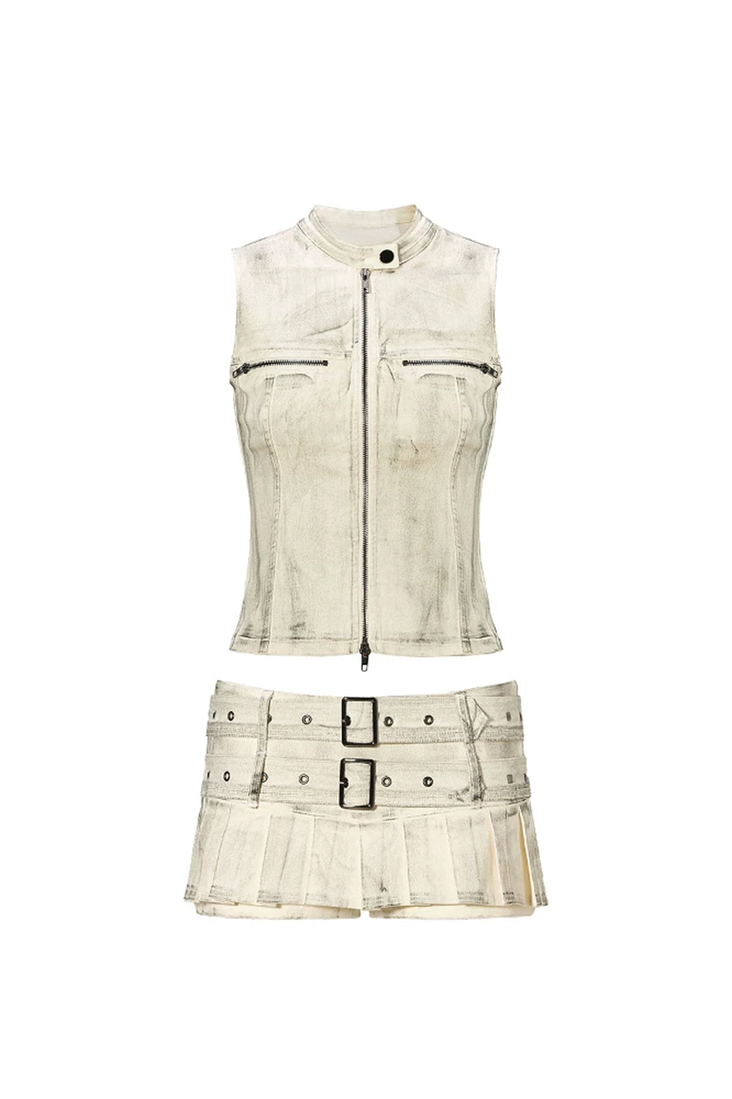 JYOSEI Zip-Up Moto Vest & Double-Belt Pleated Mini Skirt Set