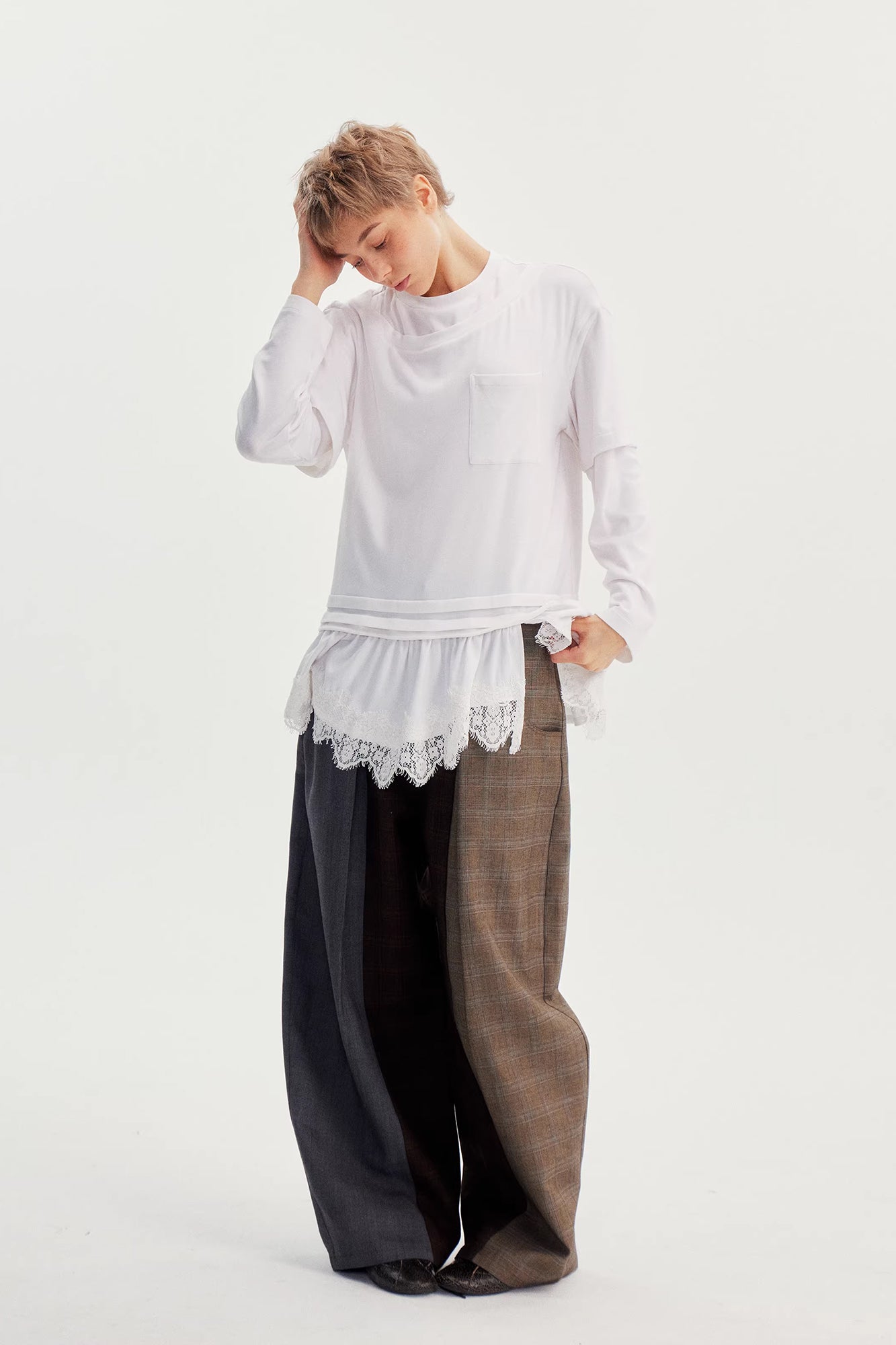 WII WIL Faux-Layer Lace-Hem Long-Sleeve Tee