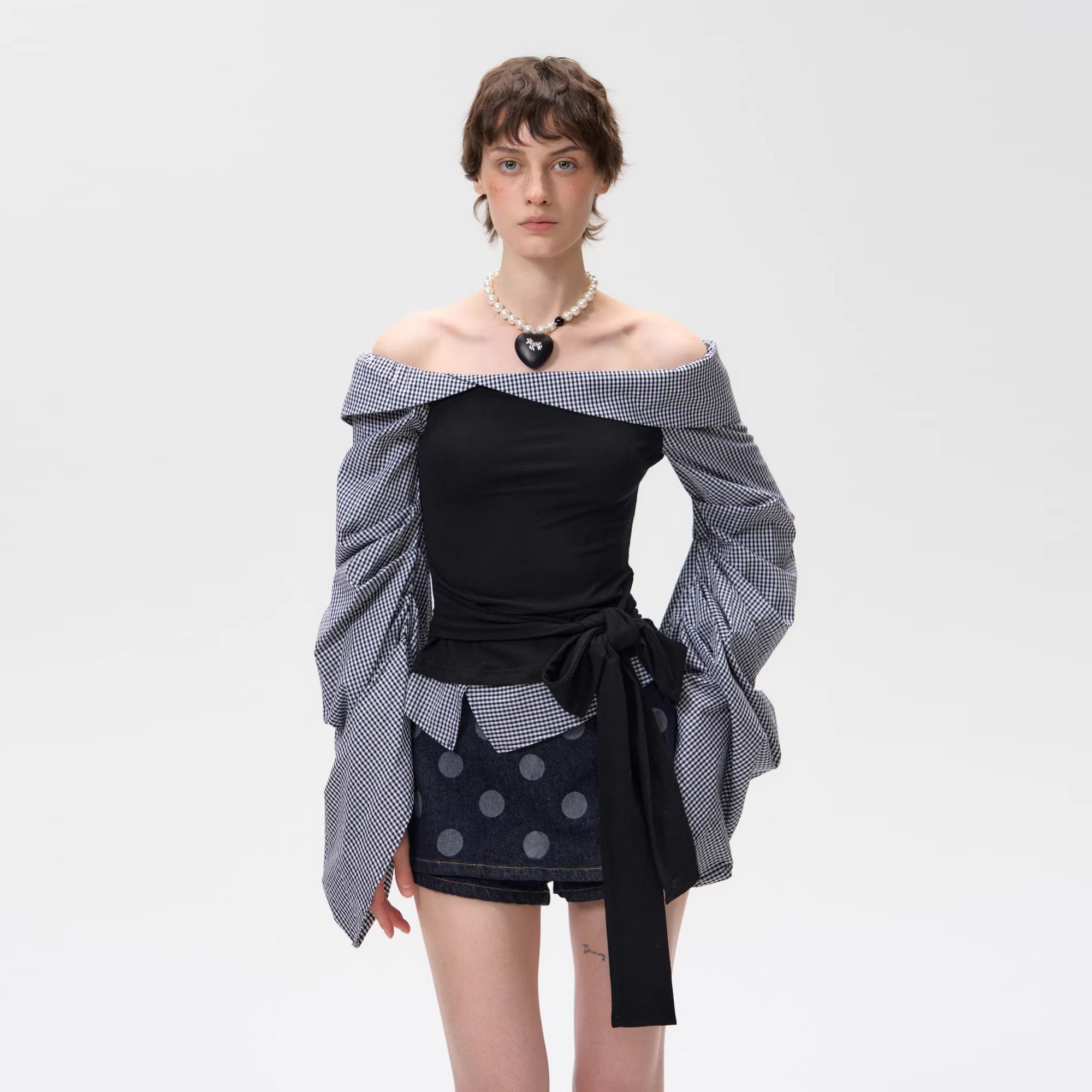 10AMSOTIIIIIIRED Spliced Off-Shoulder Drape Shirt Top