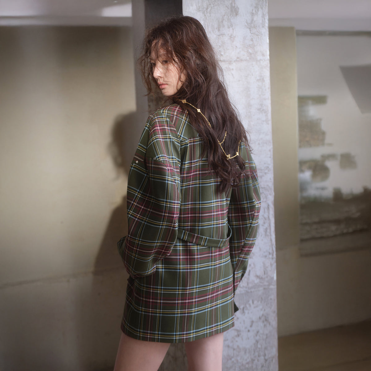 MXU Retro Plaid Deconstructed Trench Coat & Shorts Set