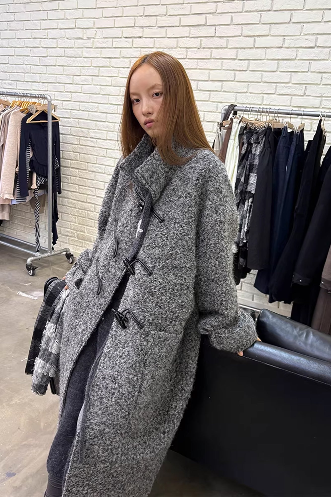 NEVERSEEZ Bouclé Wool-Blend Toggle Longline Coat