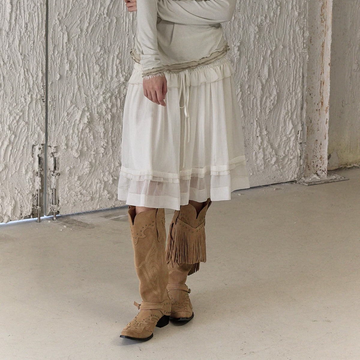 CHANGGUANG YUANZI Spliced Lace Drawstring Flared Skirt