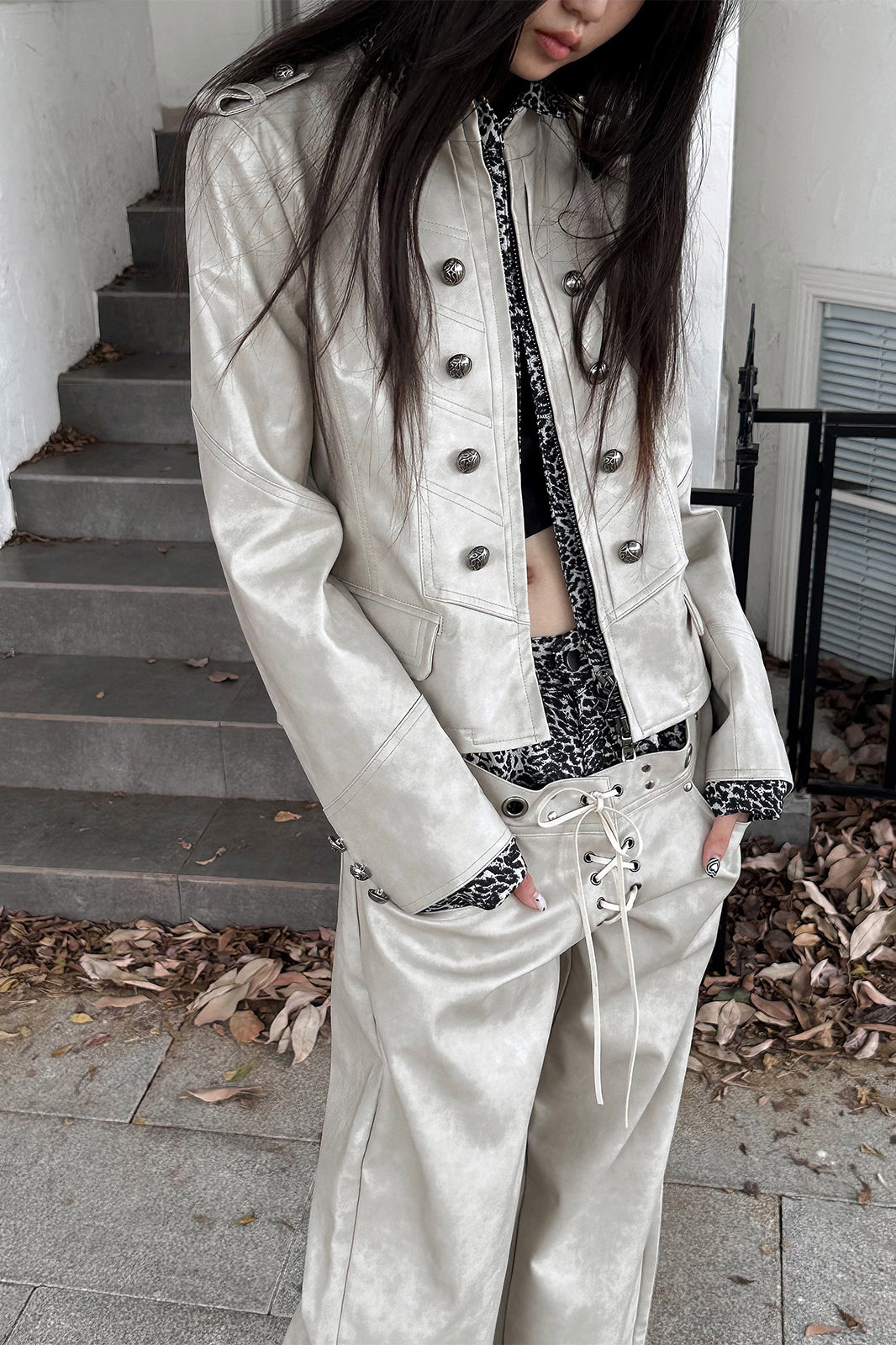 FULLTIDE Retro Spliced Leopard Faux Leather Jacket