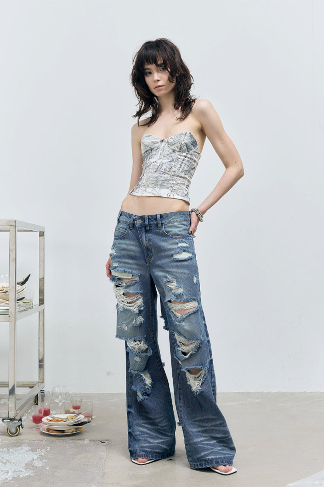 FULLTIDE Distressed Washed Wide-Leg Jeans