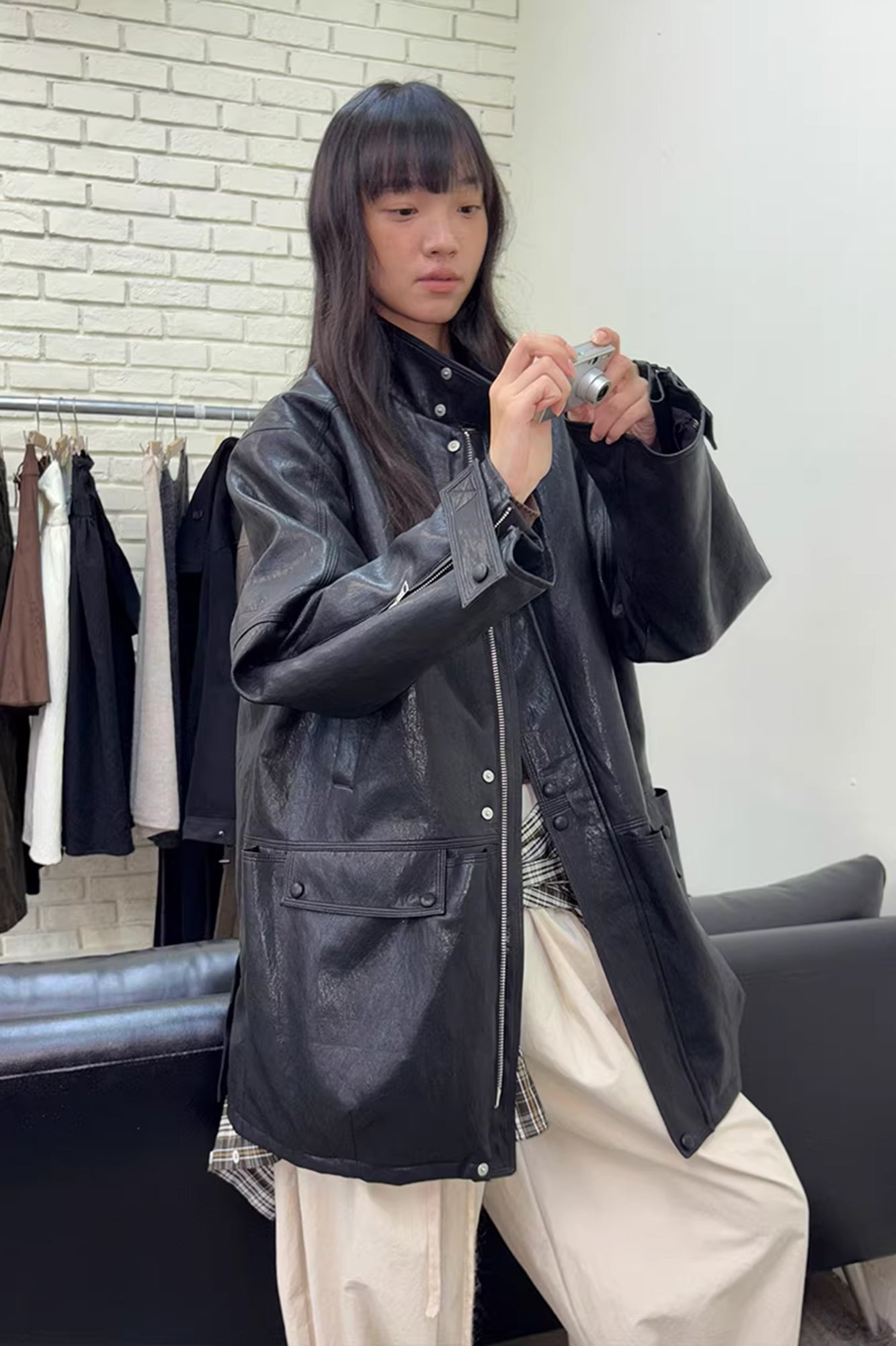 NEVERSEEZ Quilted Faux Leather Stand-Collar Utility Jacket
