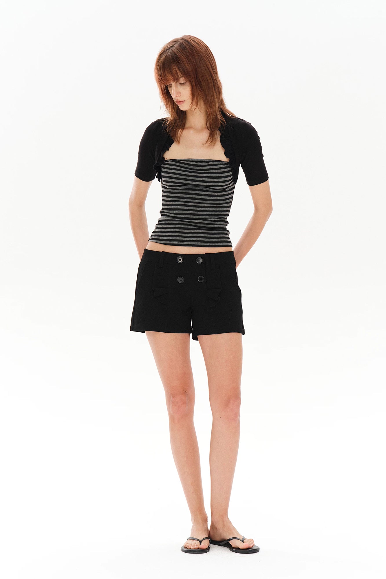 COSTUSTOOT Ruffle Layered Shrug Stripe Top