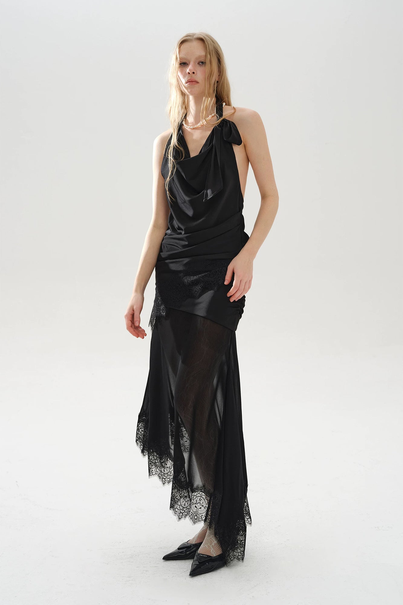 LAYERS Ruched Lace Trim Asymmetrical Midi Skirt