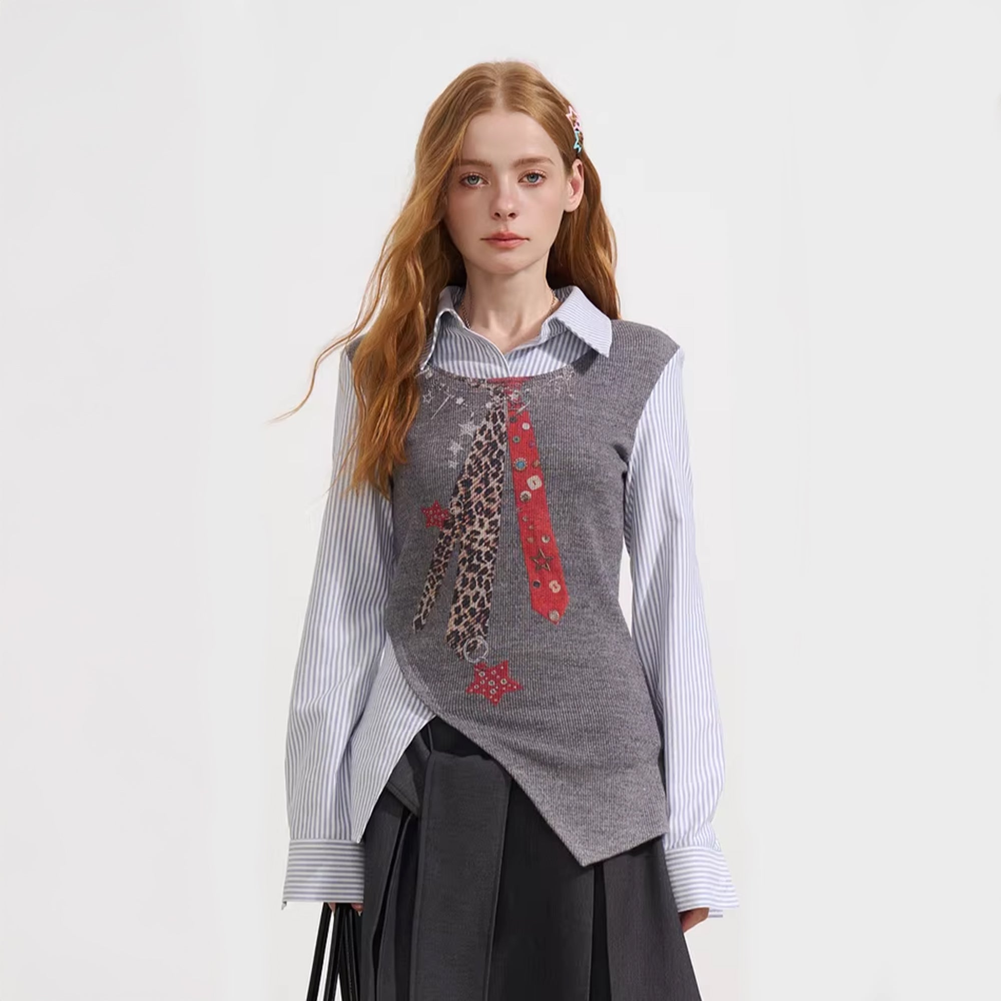 SOFITTE Asymmetric Faux-Layer Tie Graphic Knit Vest Shirt