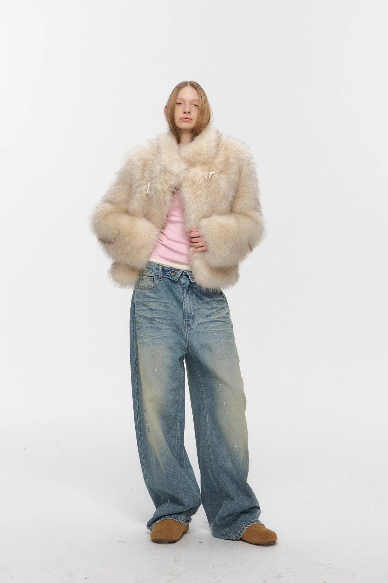 10AMSOTIIIIIIRED Asymmetrical Front Toggle Faux Fur Jacket