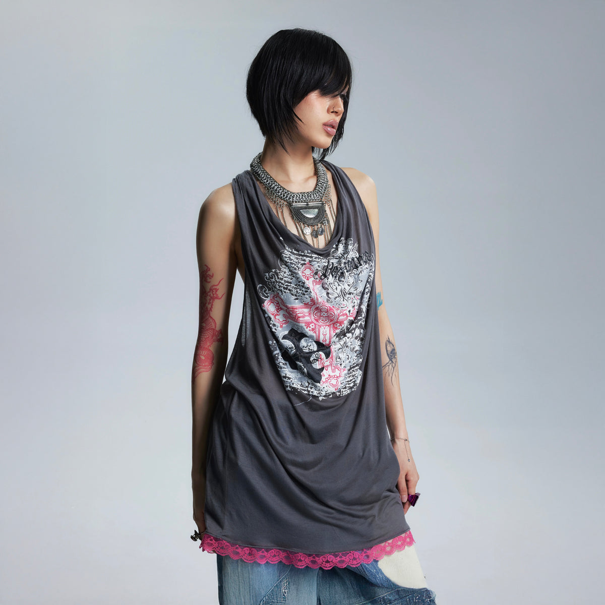 NONAME SPACE Backless Lace-Hem Longline Tank Top