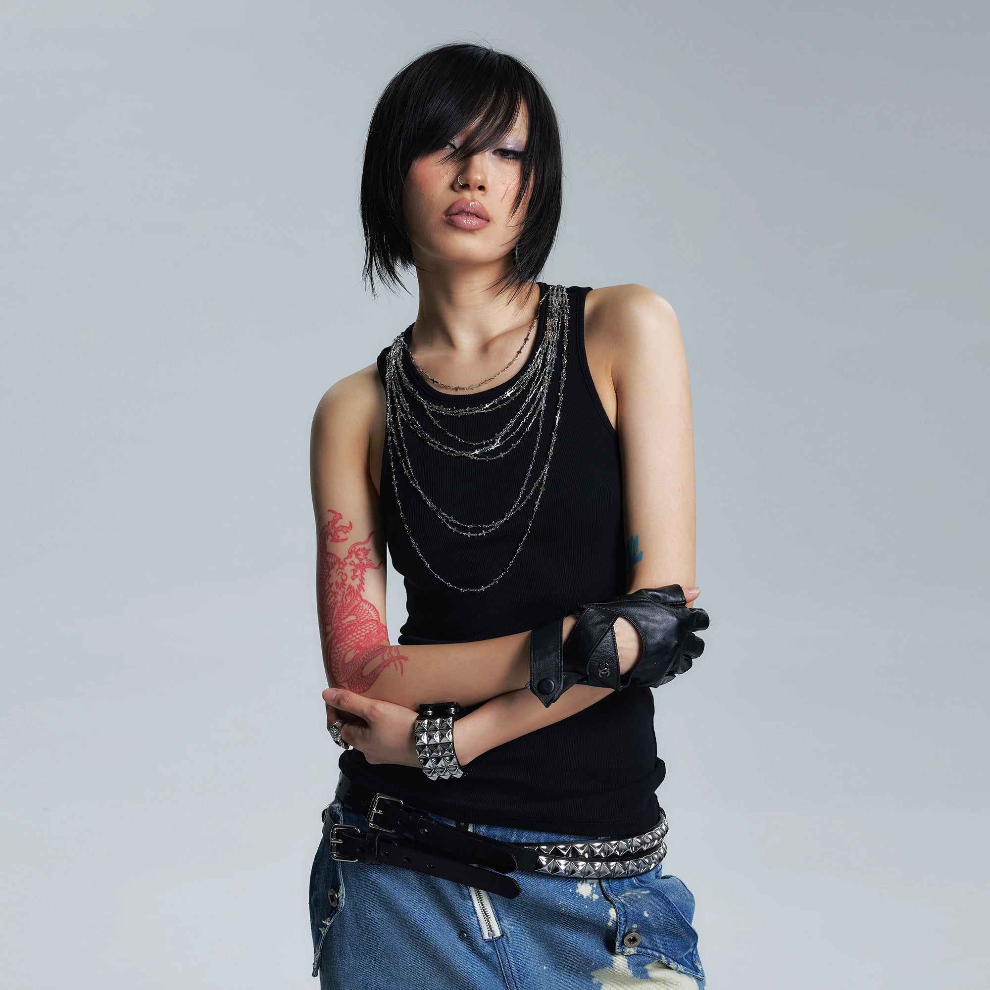 NONAME SPACE Spine Graphic Ribbed Tank Top
