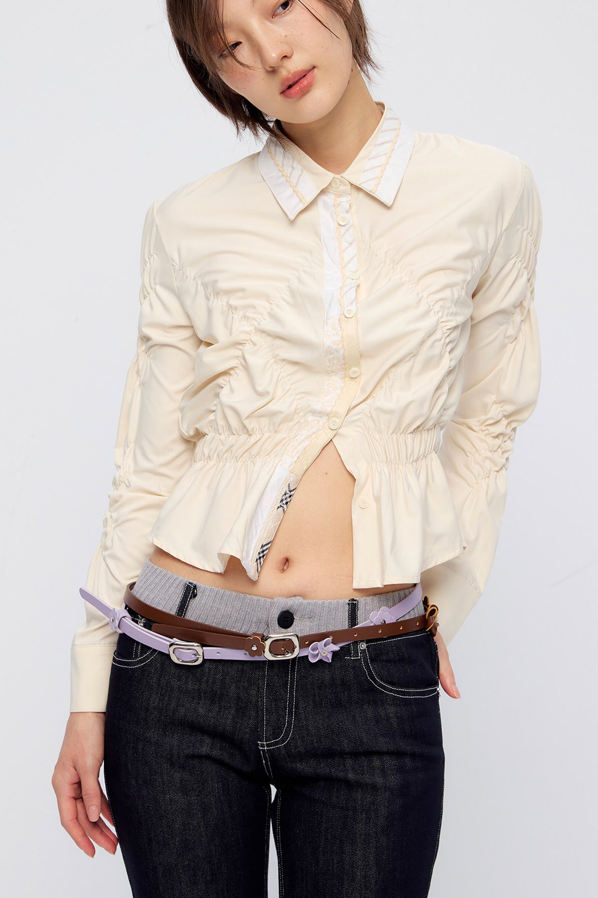 9266 STUDIO Asymmetrical Ruched Waist Shirt