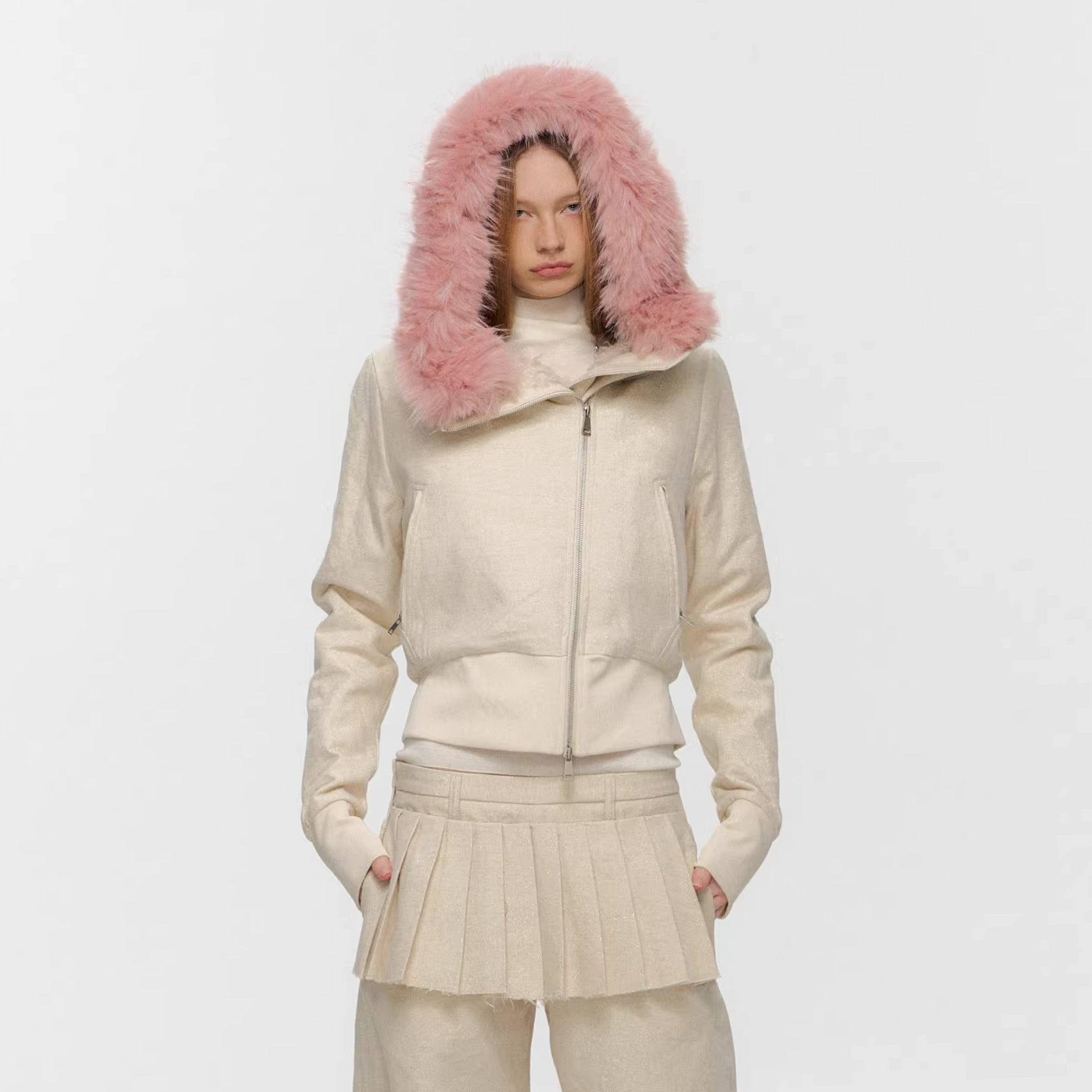 10AMSOTIIIIIIRED Sherpa-Lined Faux Fur Hooded Bomber Jacket