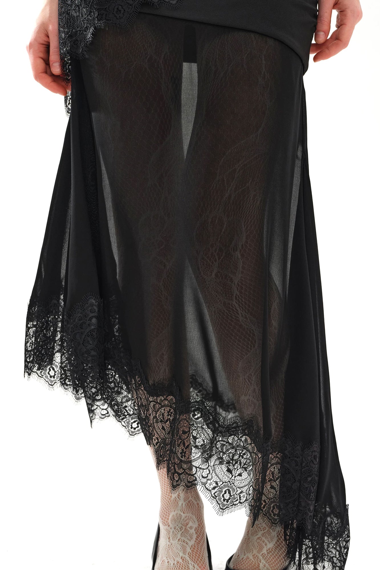 LAYERS Ruched Lace Trim Asymmetrical Midi Skirt
