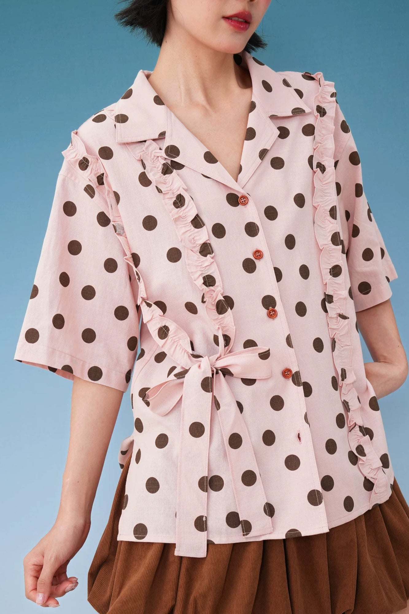 NOPMOB Polka Dot Ruffle Tie Half-Shirt