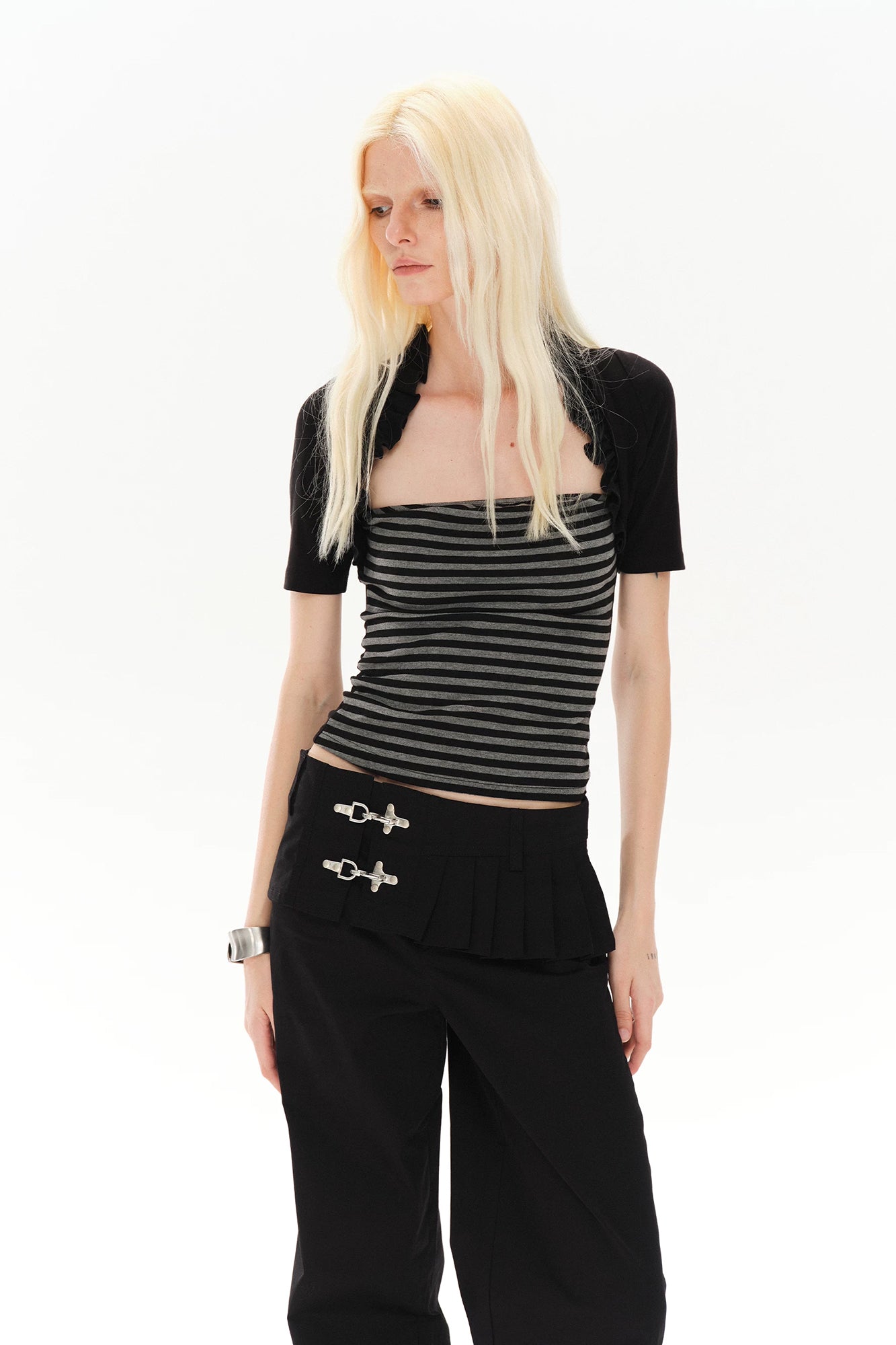 COSTUSTOOT Ruffle Layered Shrug Stripe Top