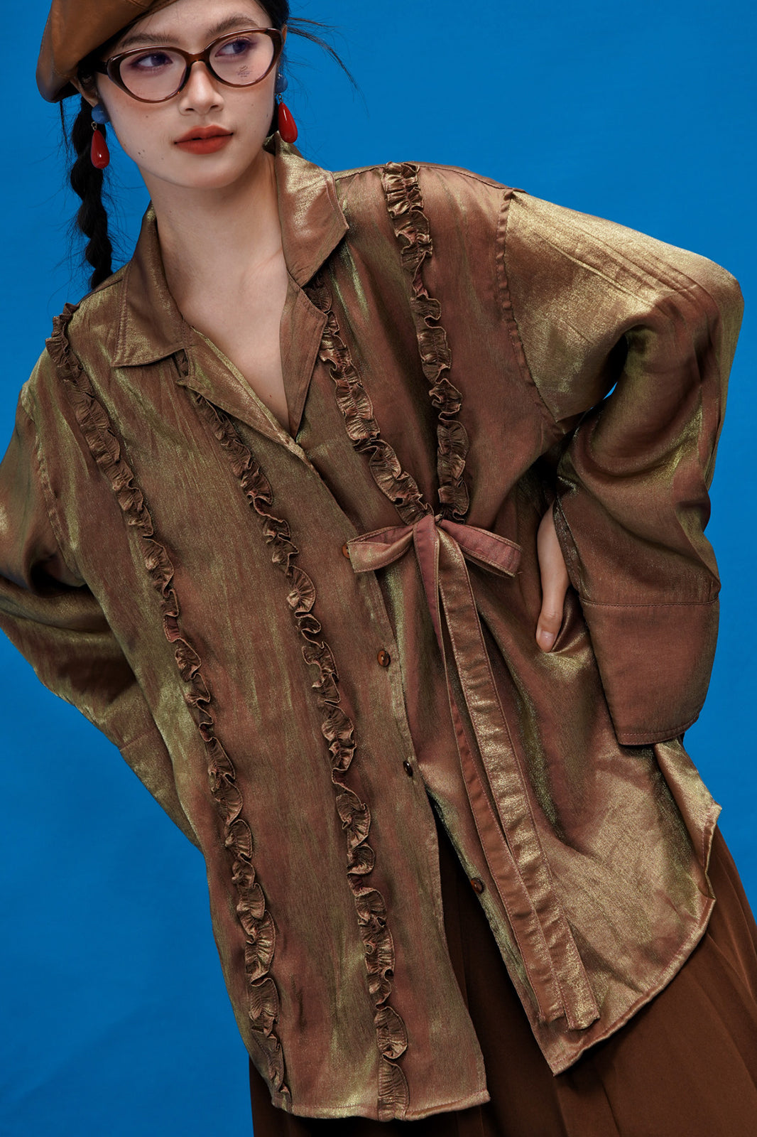 NOPMOB Satin Ruffled Iridescent Oversized Shirt