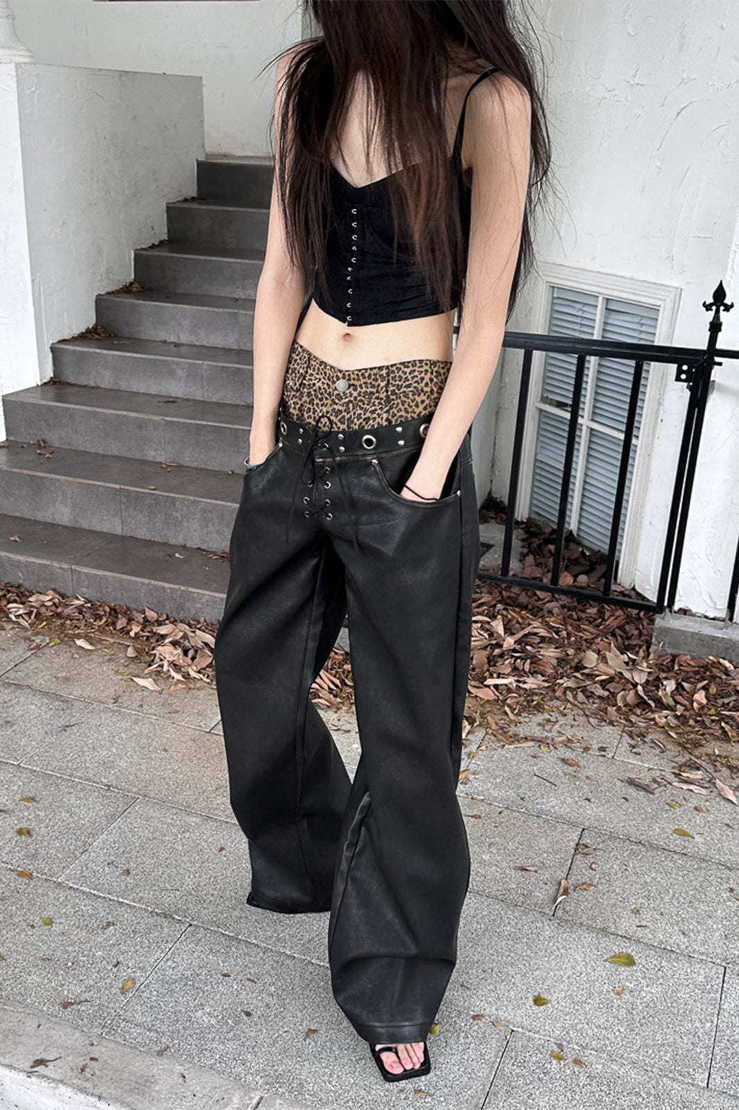 FULLTIDE Retro Spliced Leopard Faux Leather Wide-Leg Pants