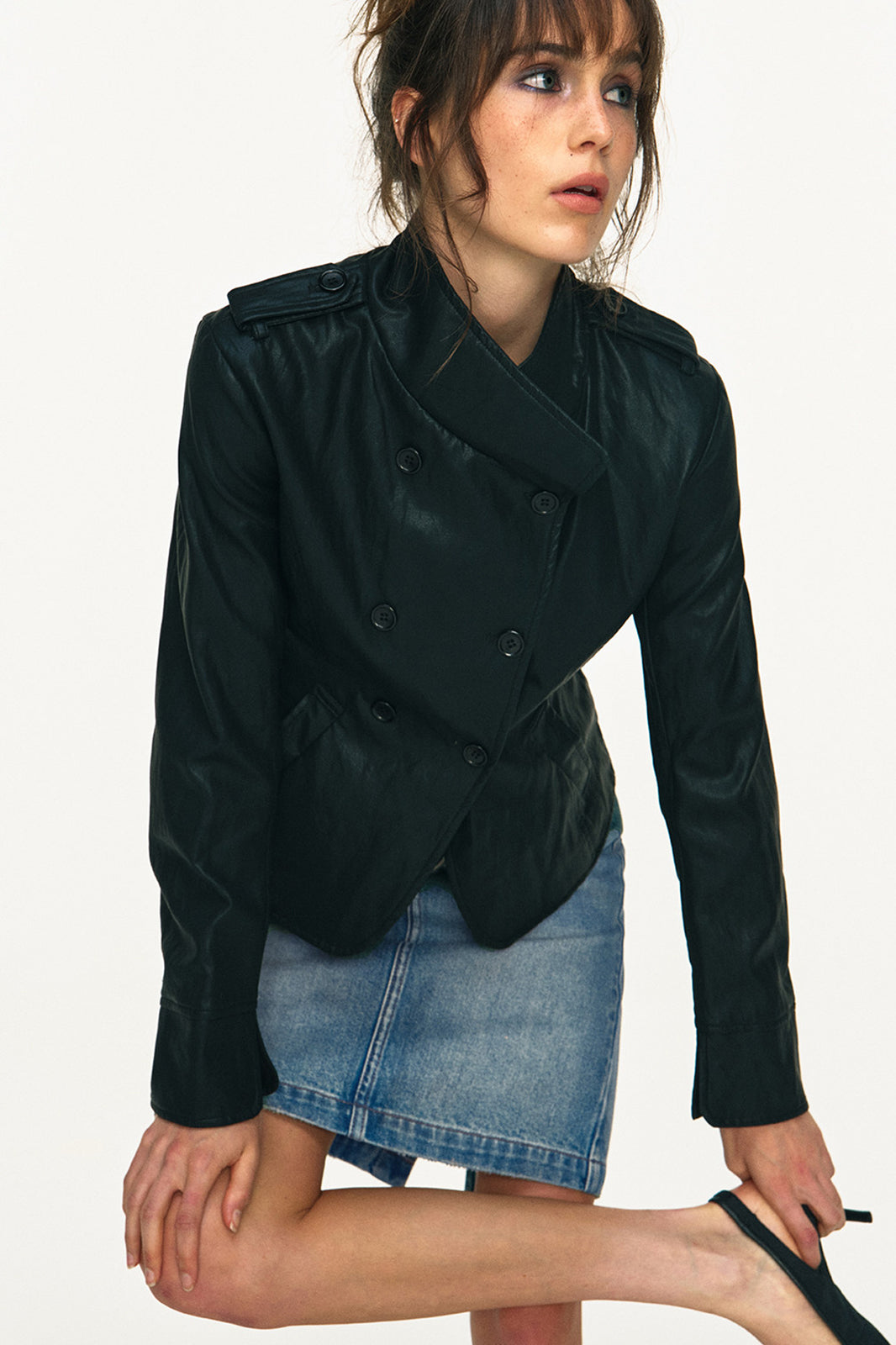 ANTENNA EFFECT Retro Double-Breasted Faux Leather Slim Jacket