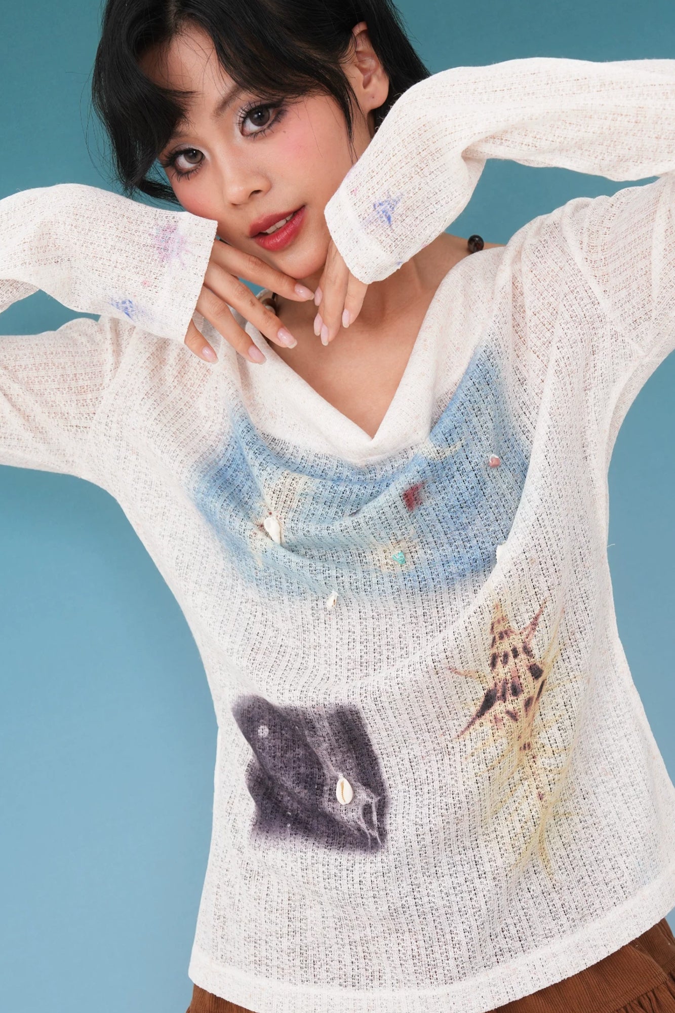 NOPMOB Shell Graphic Knit Top & Beaded Cami Set