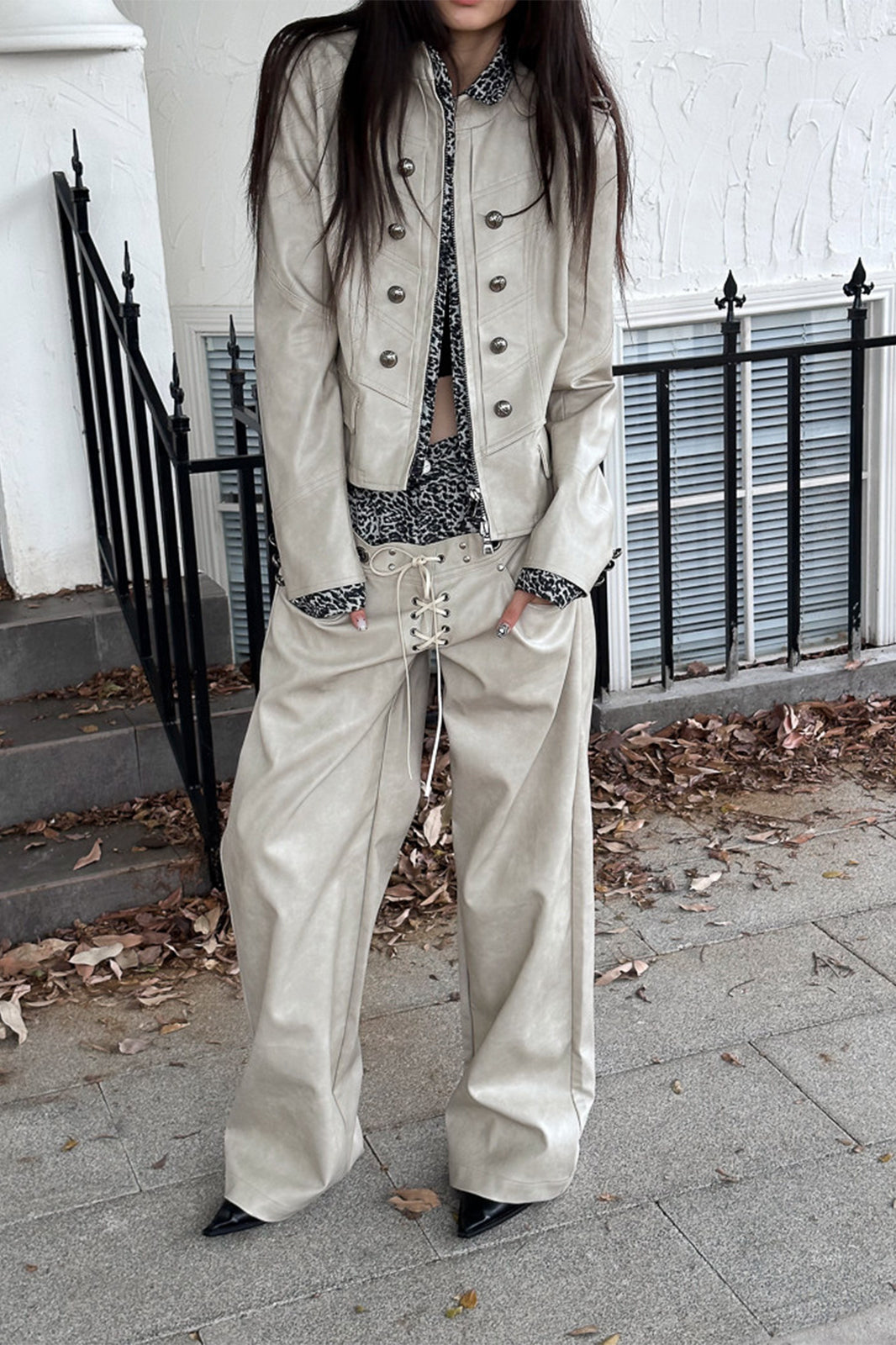 FULLTIDE Retro Spliced Leopard Faux Leather Wide-Leg Pants