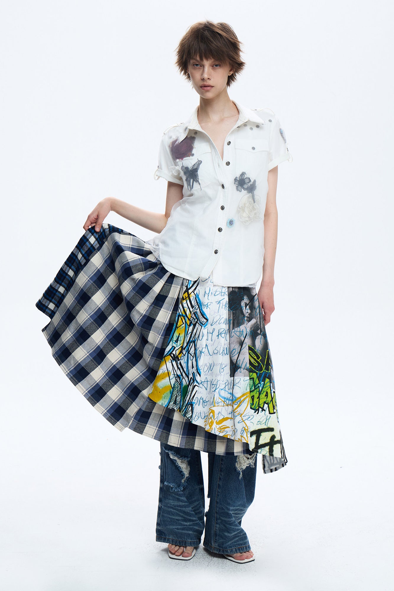 FULLTIDE Asymmetric Plaid Spliced Graffiti Skirt