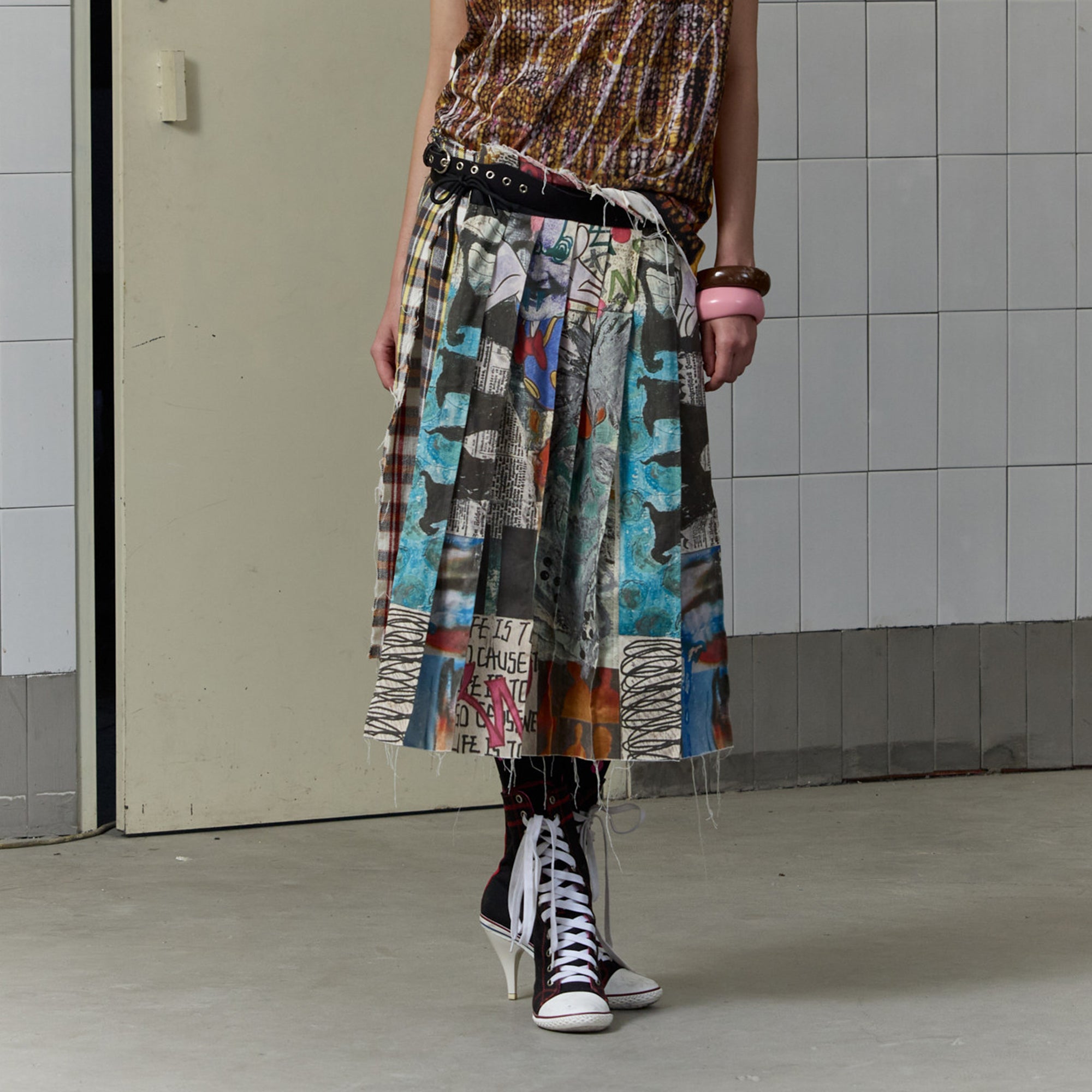 FULLTIDE Graffiti Raw-Edge Belted Plaid Wrap Skirt