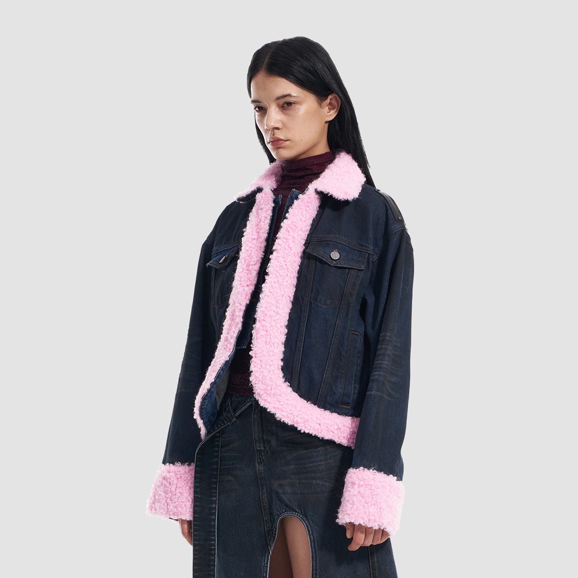 VANN VALRENCE Contrast Shearling-Lined Denim Jacket