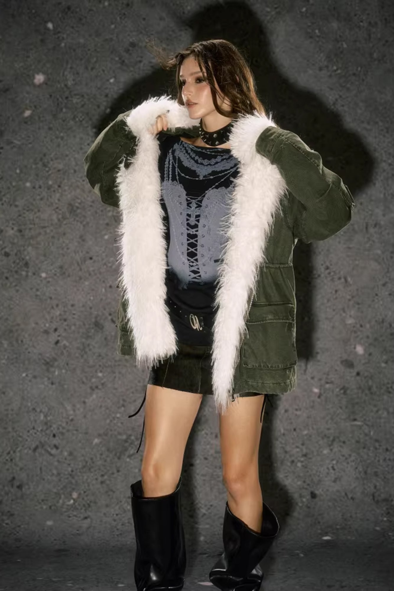 10AMSOTIIIIIIRED Stone-Washed Detachable Faux-Fur Parka